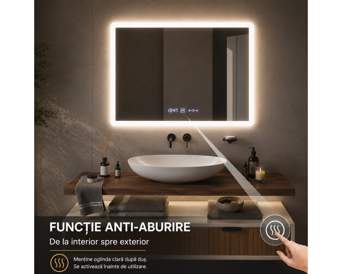 Oglinda LED Colectia Marcello Funghi Dreptunghiulara cu Functie Dezaburire si Sistem Touch, Ceas si Termometru, W21/80x60cm
