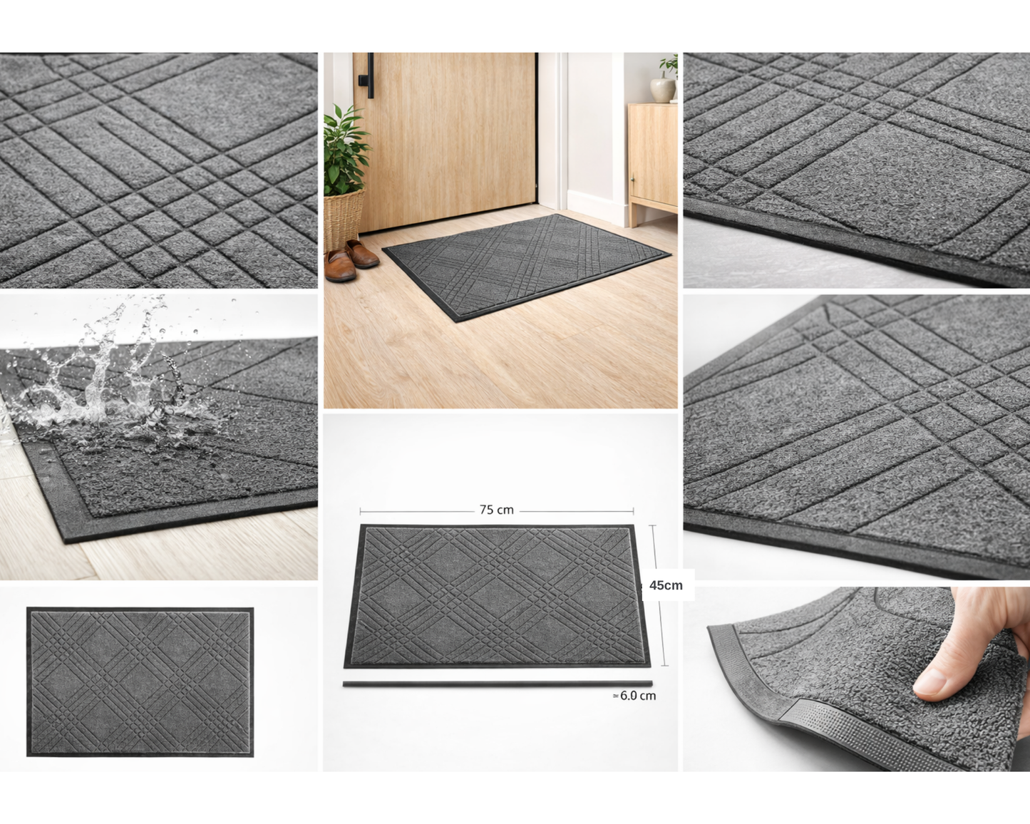 Covoras de intrare 75x45 cm, absorbant, antiderapant, cu model modern, gri, ®OPTIMDEKO TR208