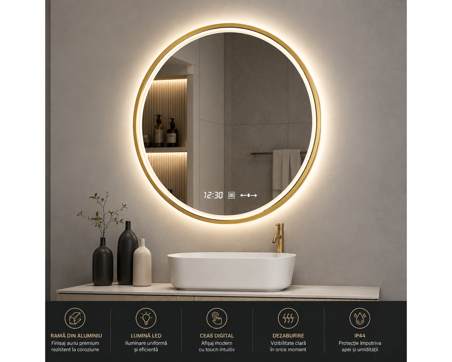 Oglinda LED Touch 60x60 cm Functie Dezaburire Rama Aurie Colectia Marcello Funghi, model W04/60x60 cm
