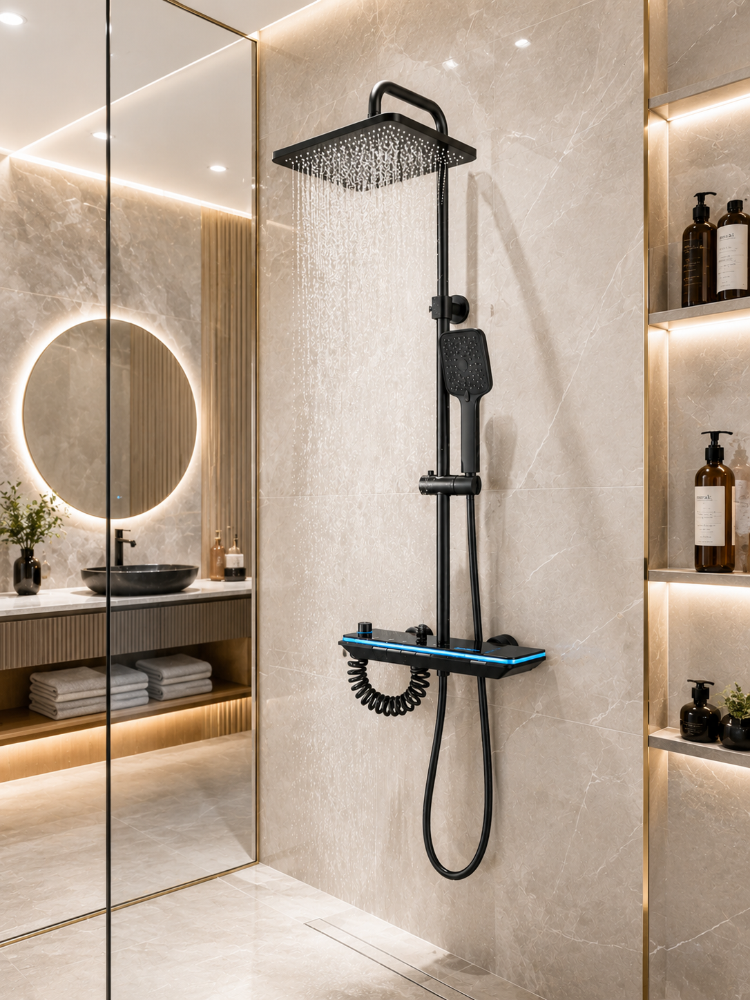 Coloana de dus MARX, Metal, Para Patrata, Efect Ploaie, 3 Functii, Montare Pe Perete, Negru, Accesorii Incluse