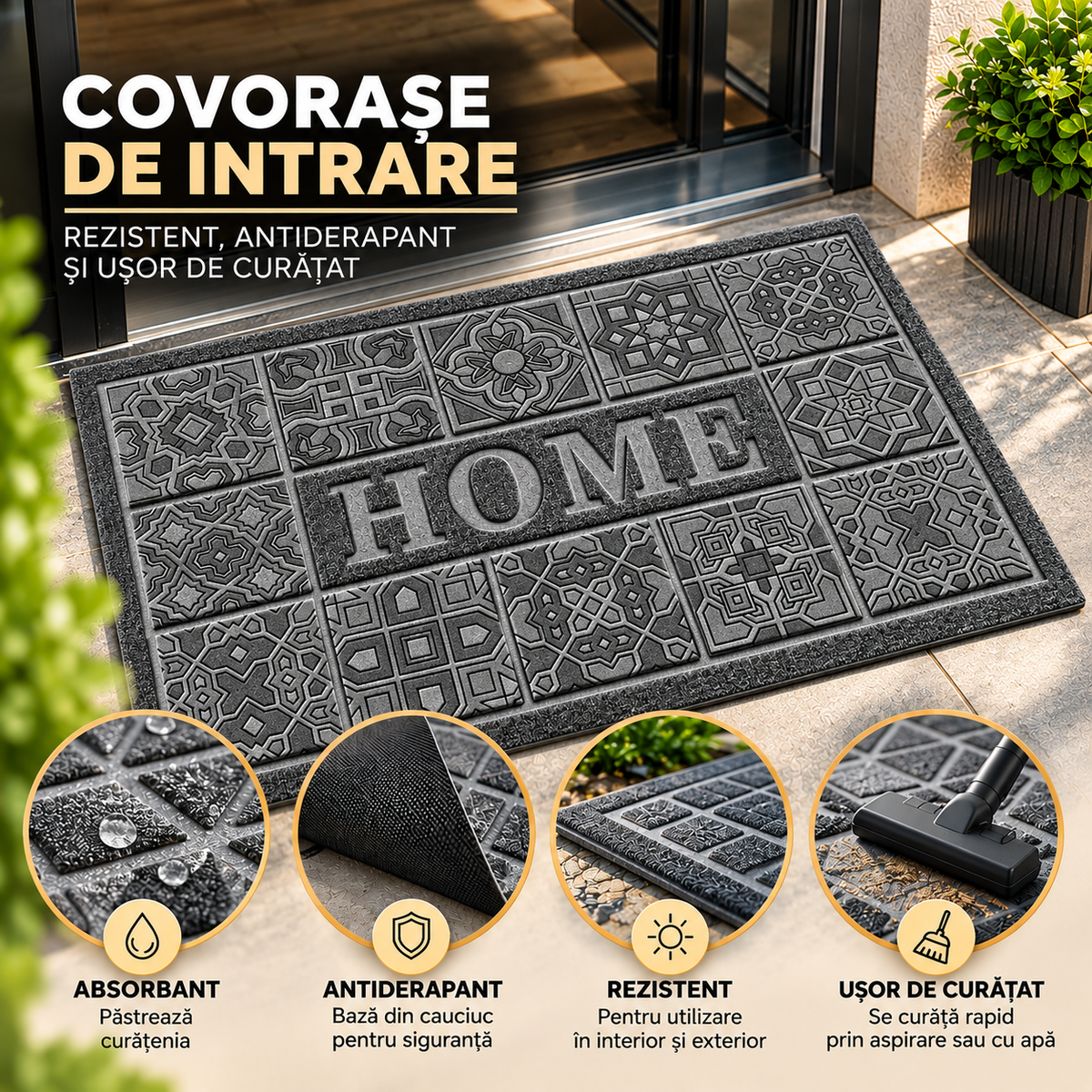 Covoras de intrare HOME, antiderapant, rezistent si decorativ ®OPTIMDEKO, 75 x 43 cm, Gri Mono