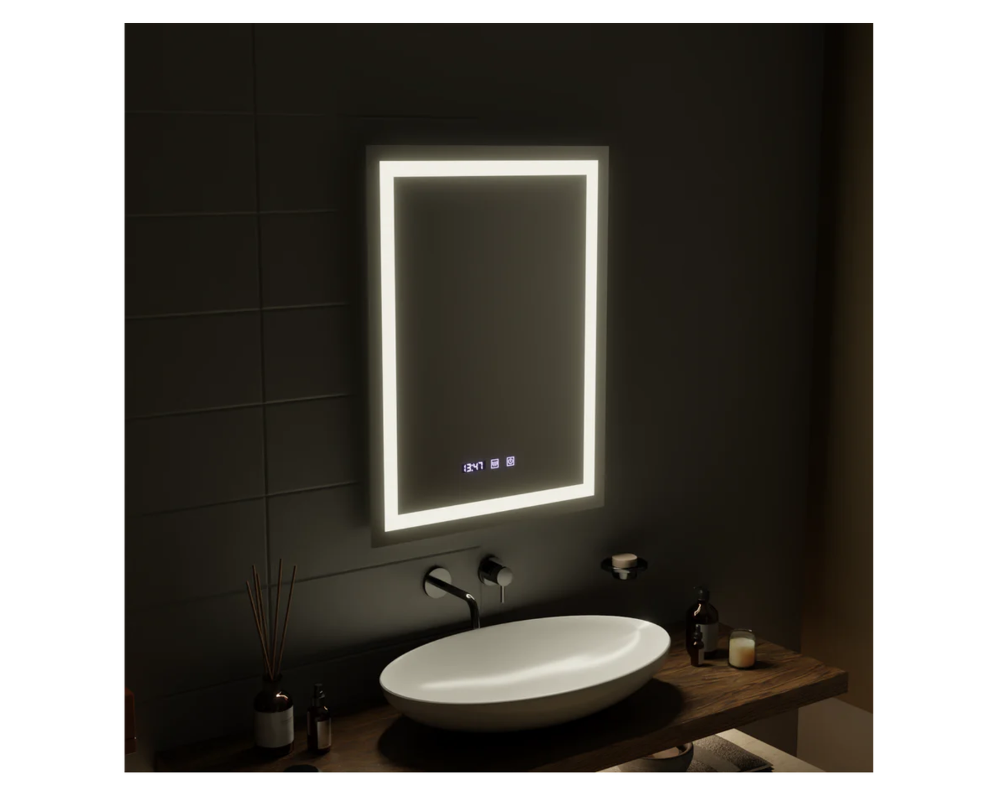 Oglinda Led Dreptunghiulara, cu Functie Dezaburire si Sistem Touch, Ceas si Termometru W09/60x80cm