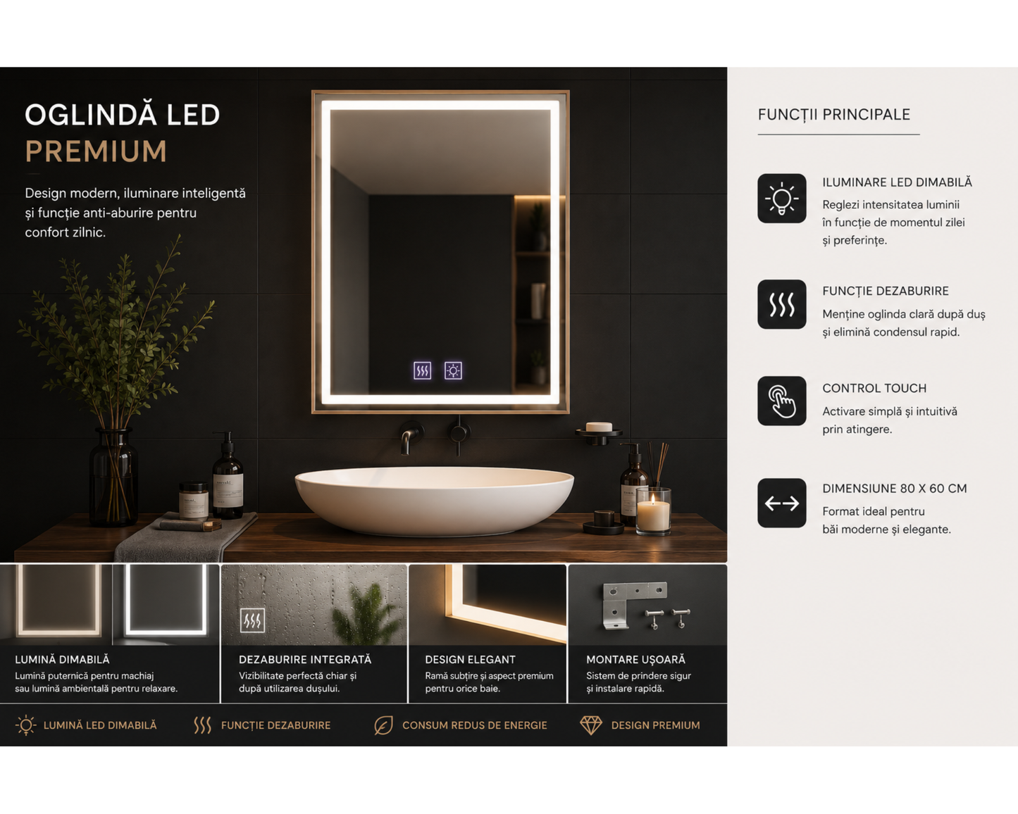 Oglinda LED Colectia Korman Technik Dreptunghiulara, cu Functie Dezaburire si Sistem Touch, Rama Aurie, model E10/60x80cm