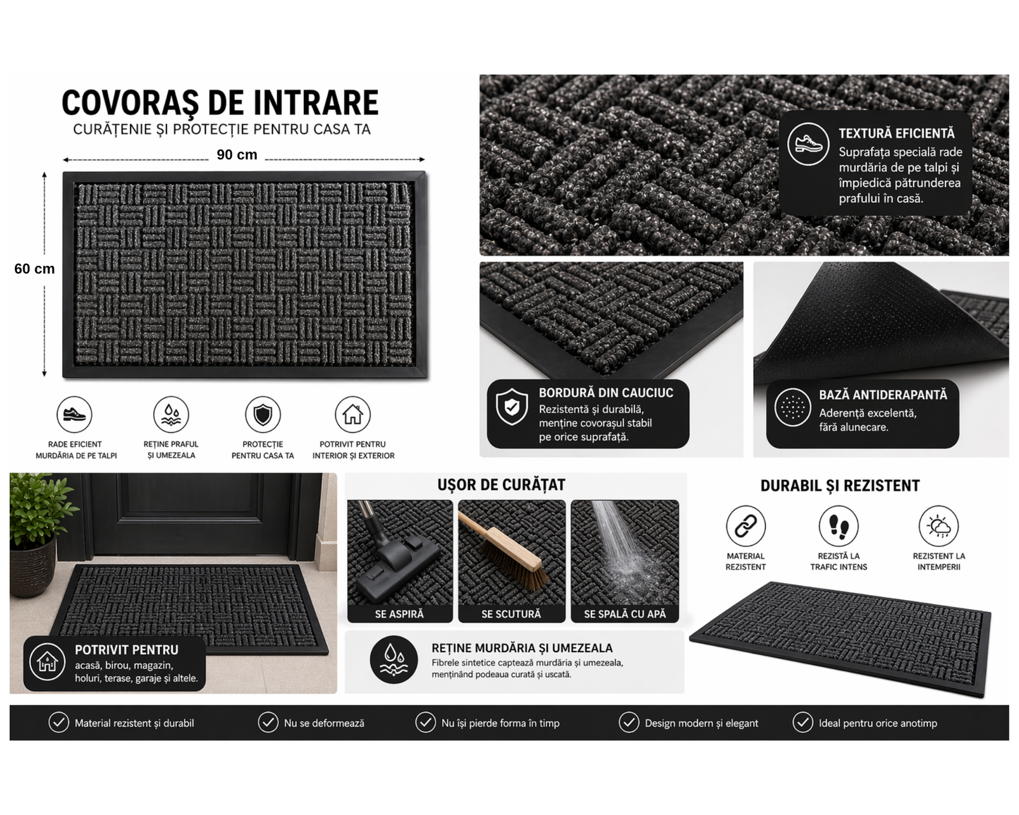 Covoras intrare gri 90x60 cm, ®OPTIMDEKO, antiderapant, rezistent, absorbtie murdarie si apa, interior/exterior, CR013 GRI
