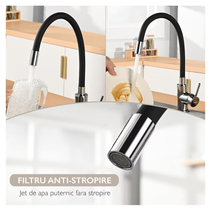 Baterie Chiuveta Bucatarie ®OPTIMDEKO, Flexibila, Inox, Pipa Inalta, Cartus Ceramic, Monocomanda, Racorduri Incluse, Acoperita Silicon, Rotativa, Alb