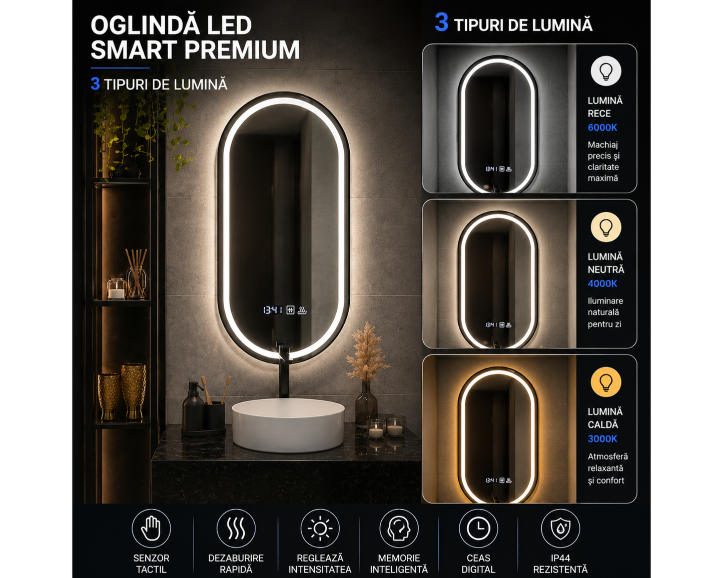 Oglindă LED Touch 50x90 cm cu Funcție Dezaburire, Ceas, Termometru și Ramă Negru Brushed – Colecția Marcello Funghi, model Helmut
