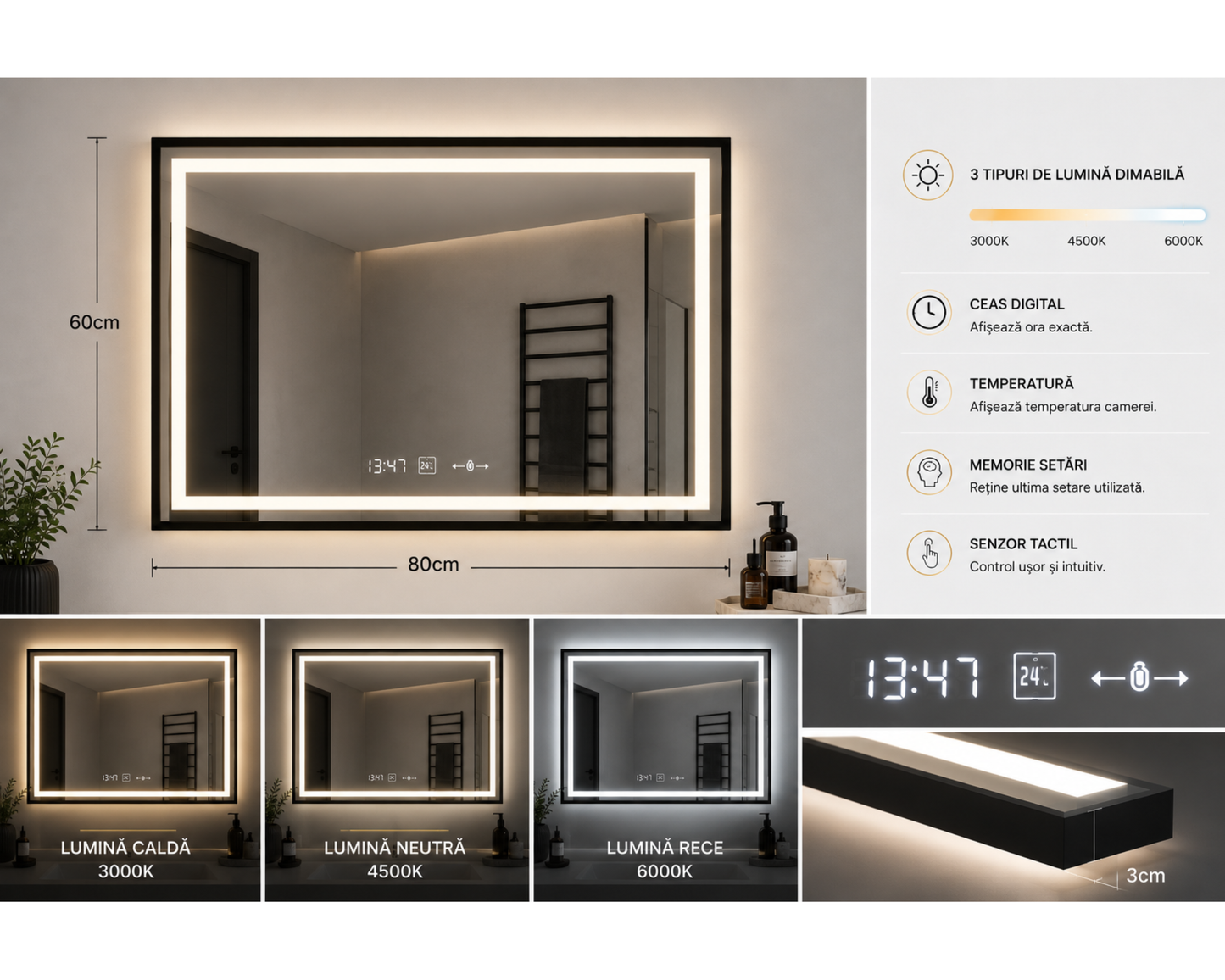 Oglinda LED Dreptunghiulara, cu Functie Dezaburire si Sistem Touch, Neagra, Colectia Marcello Funghi W03/80x60cm