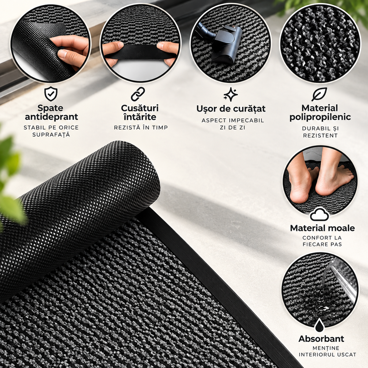 Covoras de Intrare ®OPTIMDEKO, 150x90 cm, Antiderapant, Absorbant si Antimurdarie, Baza din Cauciuc, Rezistent, pentru Interior si Exterior, Gri inchis si Negru