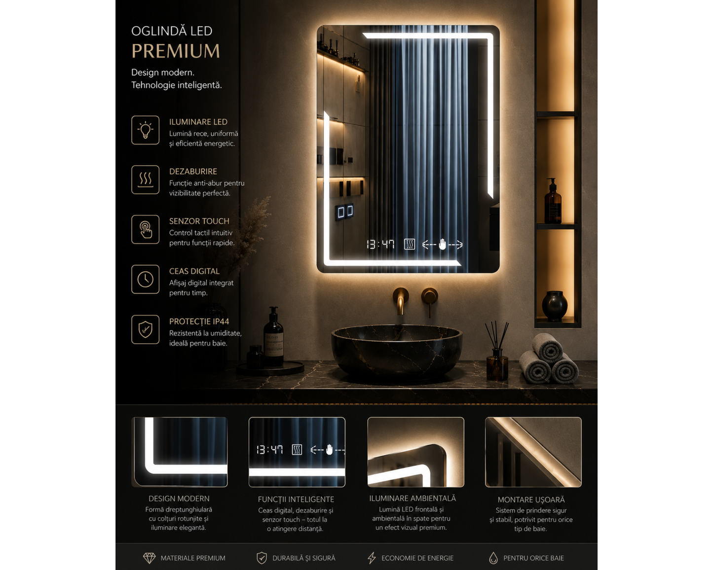 Oglinda LED Touch 60x80 cm Functie Dezaburire Colectia Marcello Funghi, model W38
