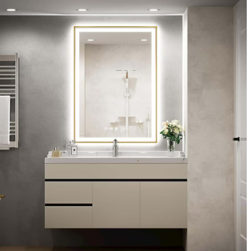 Oglinda LED Colectia Marcello Funghi Dreptunghiulara, cu Functie Dezaburire si Sistem Touch, Rama Aurie, model W10/60x80cm