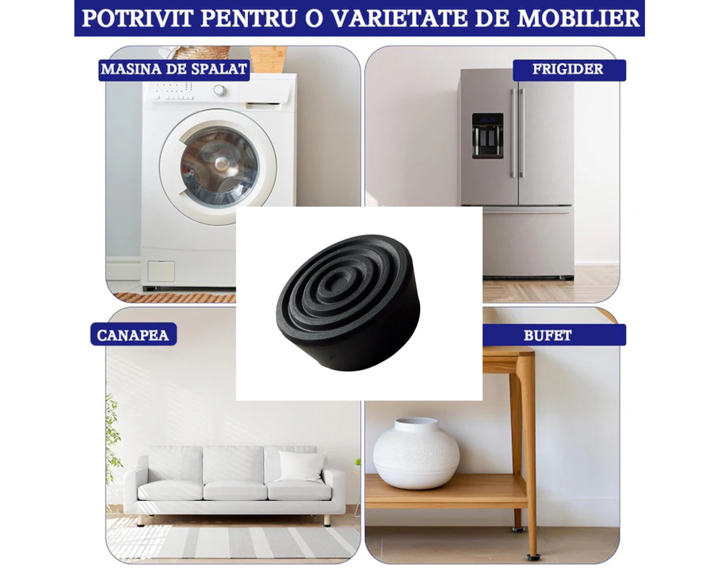 Set 4 picioruse amortizare Groase, anti vibratii sau inaltare pentru Masina de Spalat, Uscator, Frigider, Mobilier, Negru, Universale