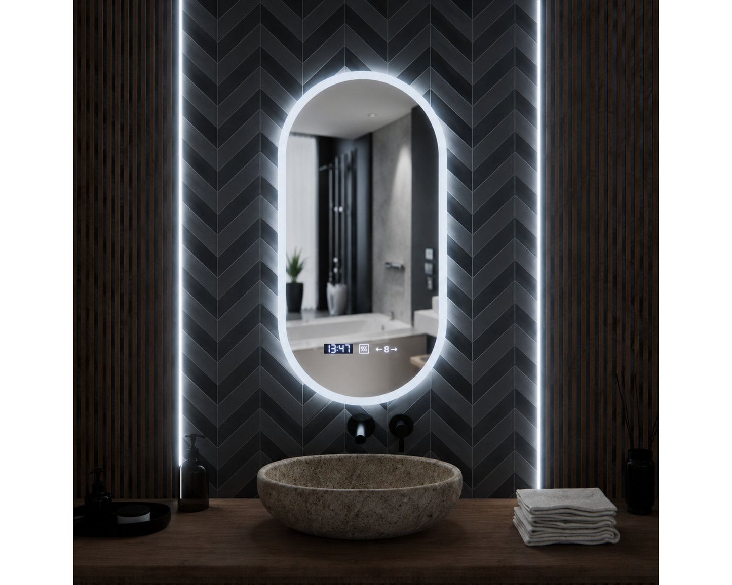 Oglinda LED Ovala Colectia Marcello Funghi cu Functie Dezaburire si Sistem Touch, model D045, 50x100cm
