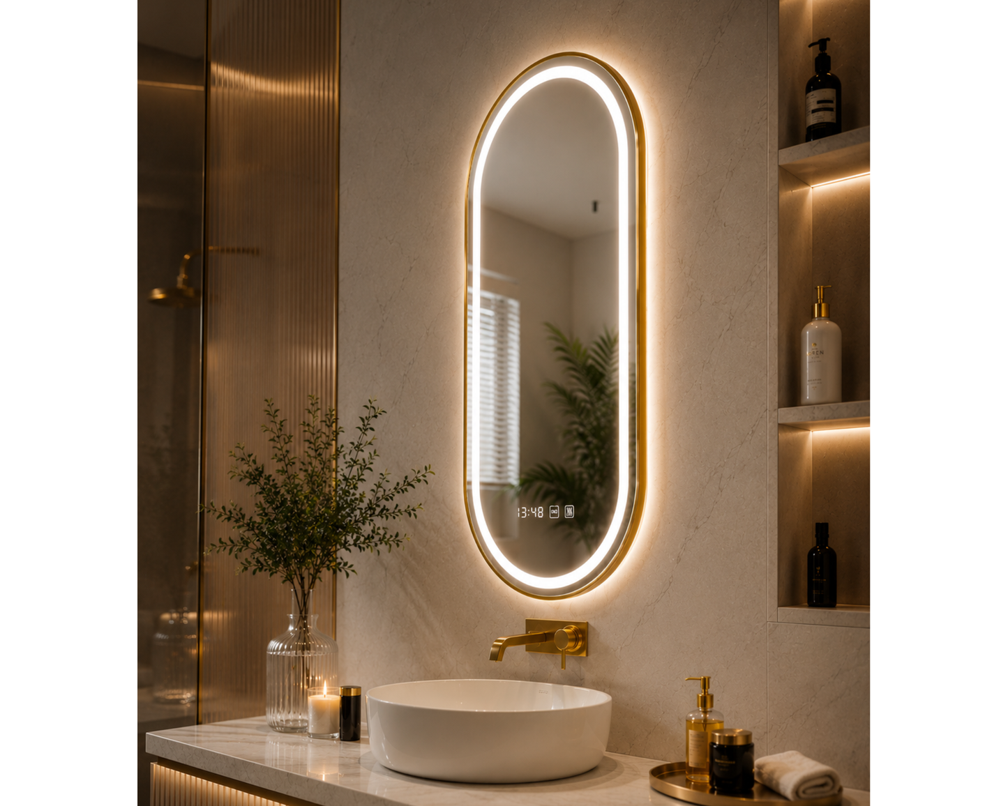 Oglindă LED Ovală W25/50x80 cm Roven MotionGlow cu Funcție Dezaburire, Ceas, Termometru și Iluminare LED Dimabilă, Ramă Aurie