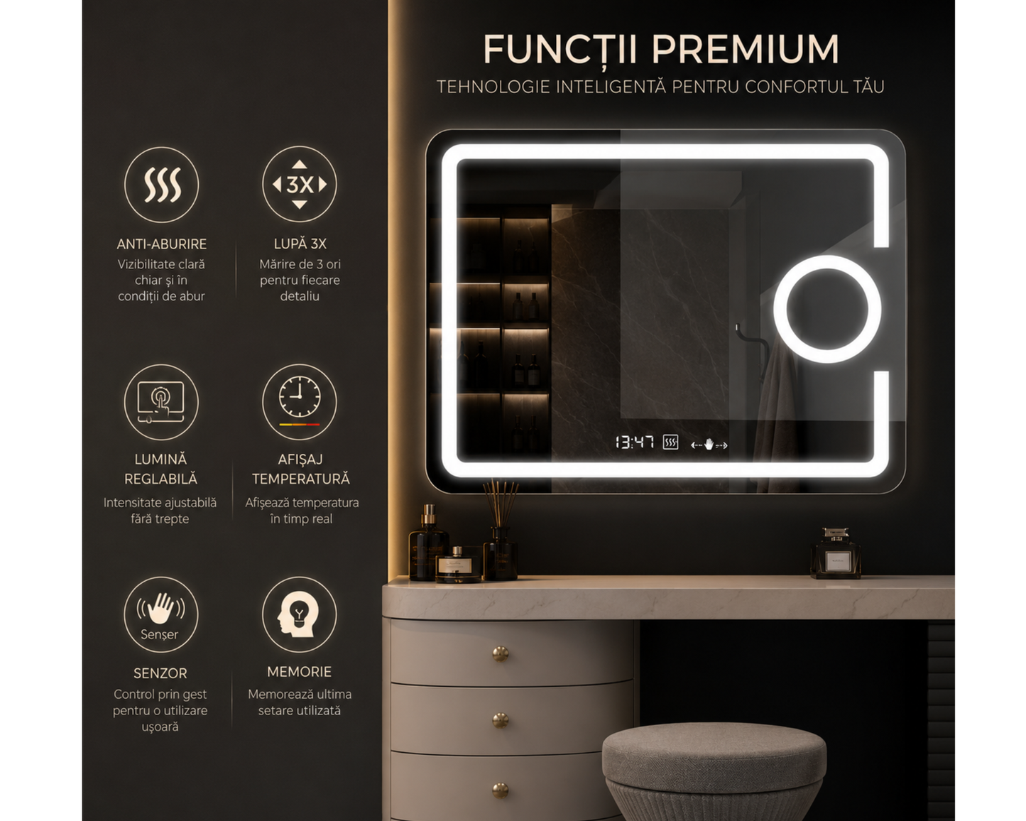 Oglinda LED Dreptunghiulara, cu Functie Dezaburire, Lupa Cosmetica si Sistem Touch, Colectia Marcello Funghi, W05 80x60cm