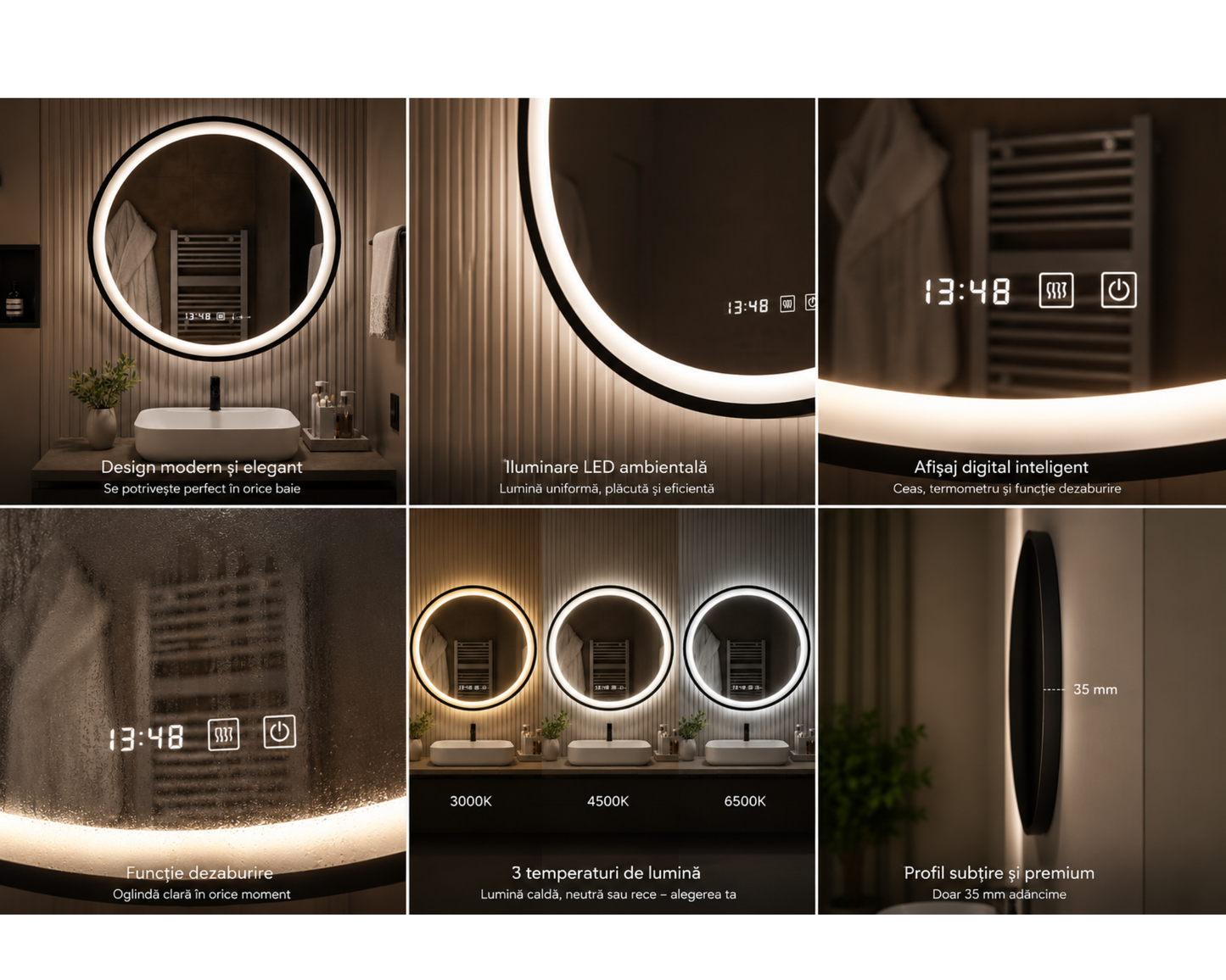 Oglinda LED Colectia Marcello Funghi Rotunda, cu Senzor de Miscare si Sistem Touch, Neagra, model W11/80x80 cm