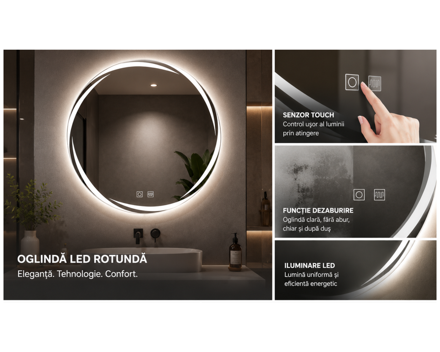 Oglindă LED Rotundă 60x60 cm Spirallus Touch cu Funcție Dezaburire și Iluminare LED Dimabilă