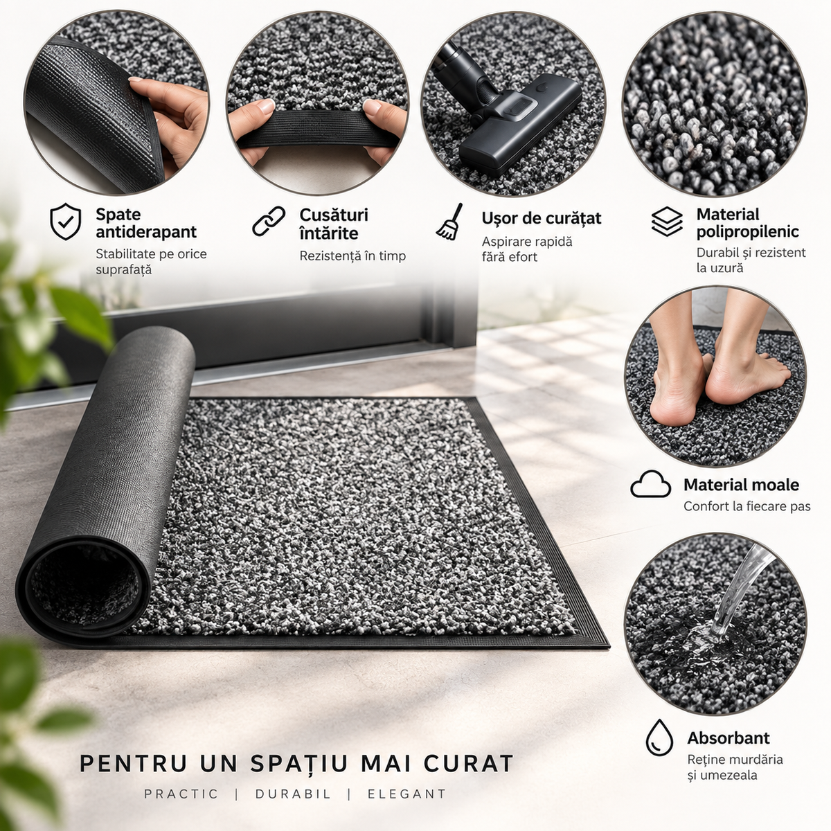 Covoras de Intrare OPTIMDEKO, 60x40 cm, Antiderapant, Absorbant si Antimurdarie, Striat, Baza din Cauciuc, Rezistent, pentru Interior si Exterior, Gri