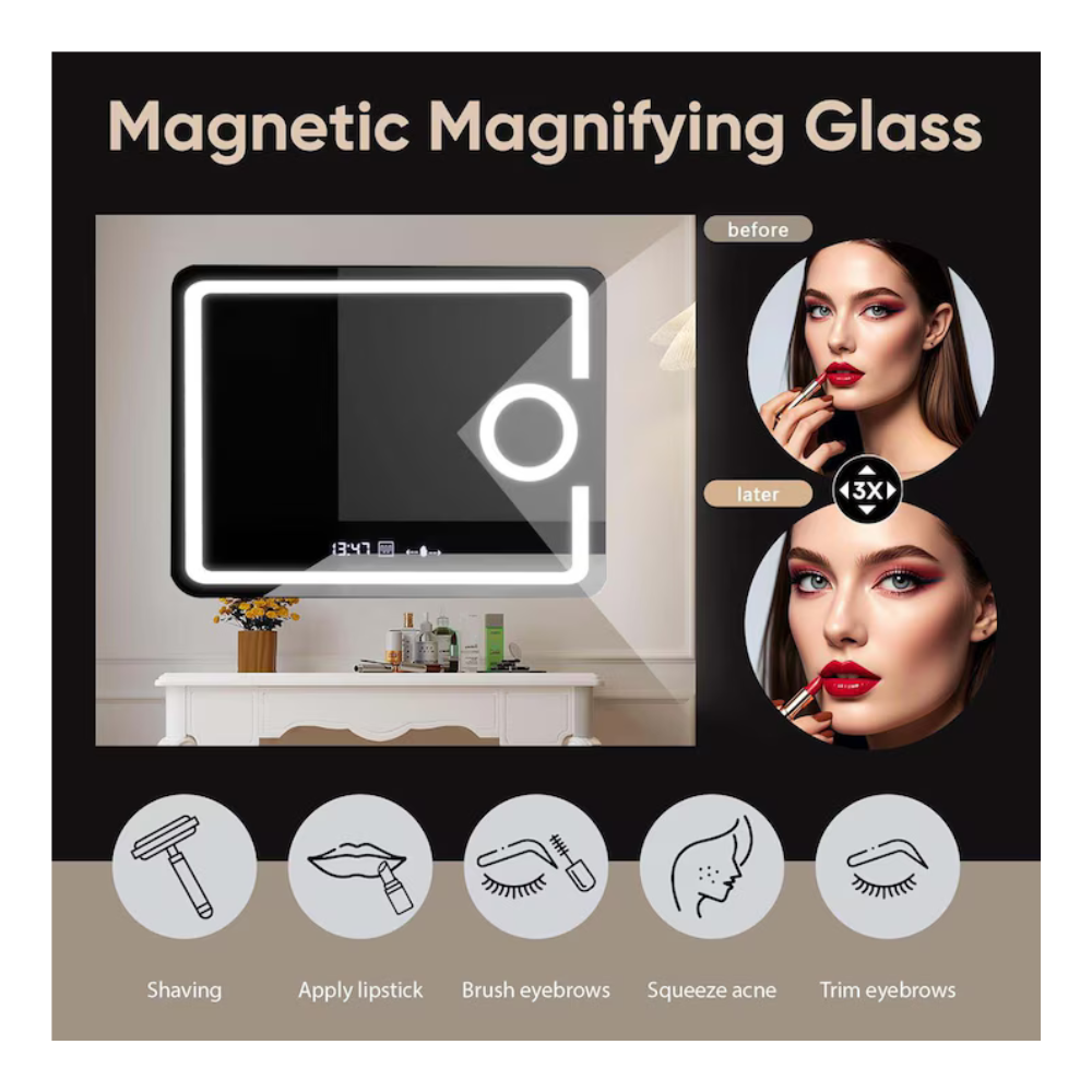 Oglinda LED Dreptunghiulara, cu Functie Dezaburire, Lupa Cosmetica si Sistem Touch, Colectia Marcello Funghi, w05 80x60cm