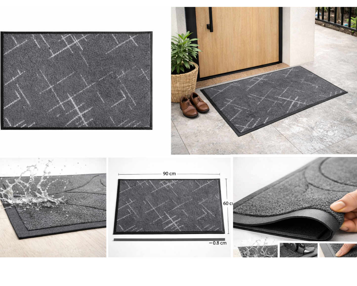 Covoras intrare gri 90x60 cm, ®OPTIMDEKO, antiderapant, rezistent, absorbtie murdarie si apa, interior/exterior, PC104