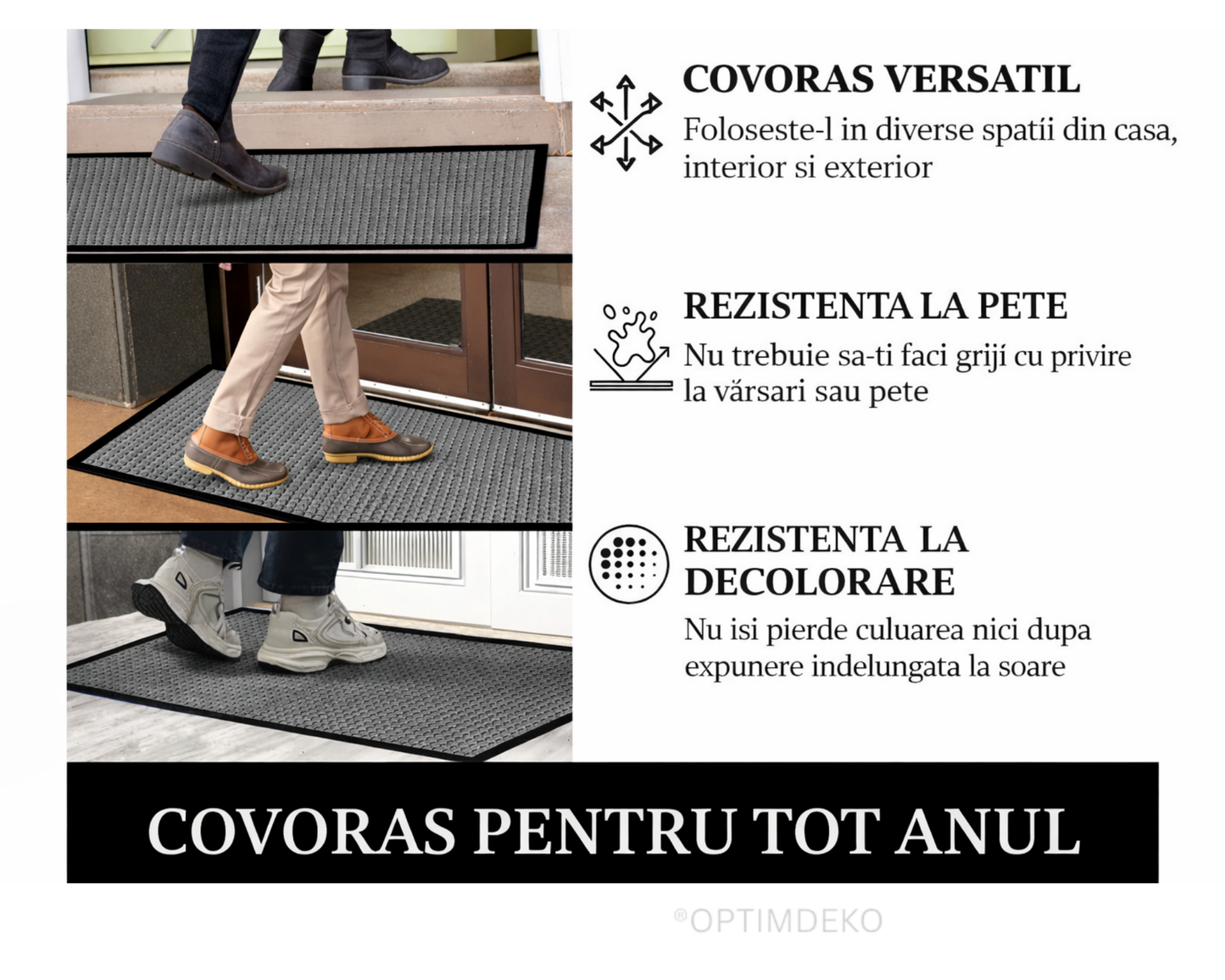 Covoras intrare gri 90x60 cm, ®OPTIMDEKO, antiderapant, rezistent, absorbtie murdarie si apa, interior/exterior, CR002 GRI