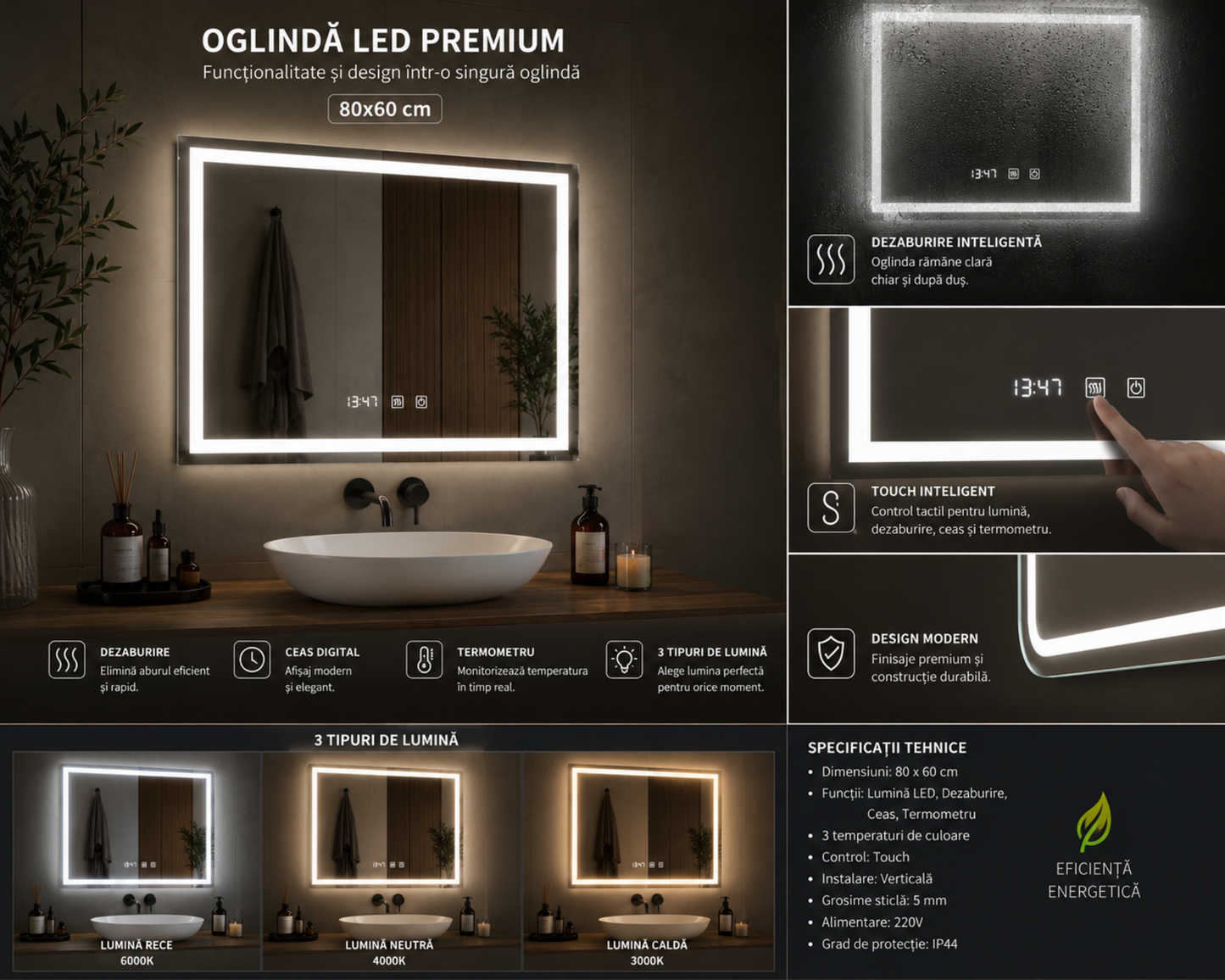 Oglinda Led Dreptunghiulara, cu Functie Dezaburire si Sistem Touch, Ceas si Termometru 80x60 cm