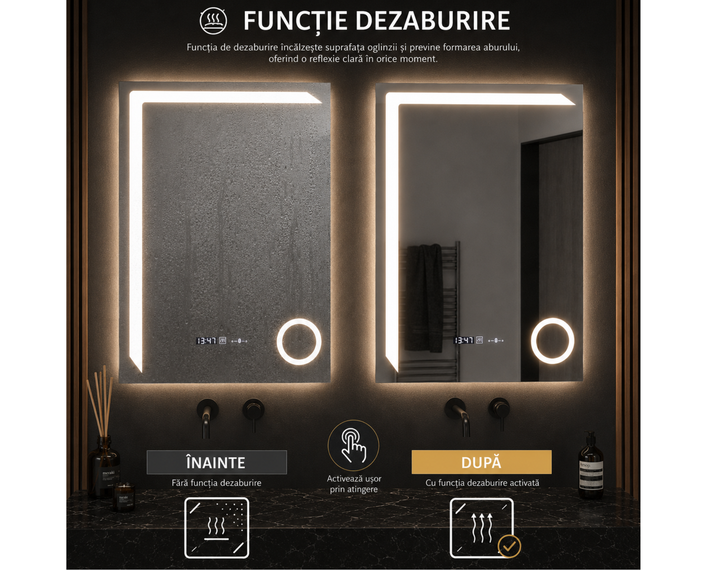 Oglinda LED Colectia Marcello Funghi Dreptunghiulara cu Functie Dezaburire si Sistem Touch, model W07/60x80cm