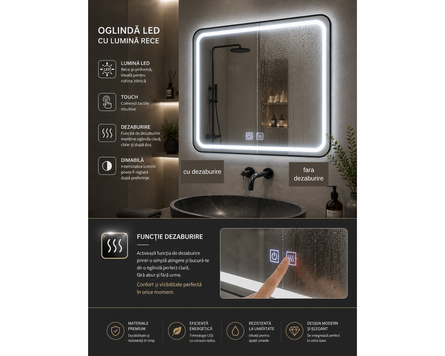 Oglinda LED Touch, Rama Neagra si Dezaburire, E03/80x60 cm, Colectia Korman Technik