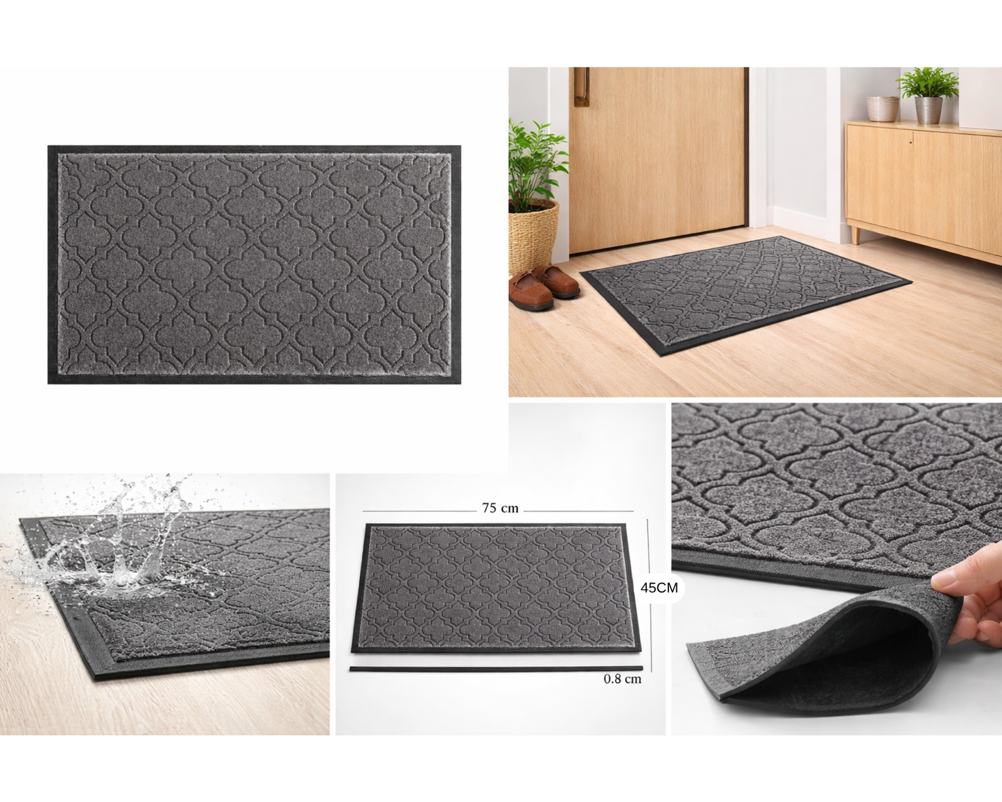 Covoras de intrare, 75x45 cm, absorbant, antiderapant, cu model modern, gri, ®OPTIMDEKO TR203