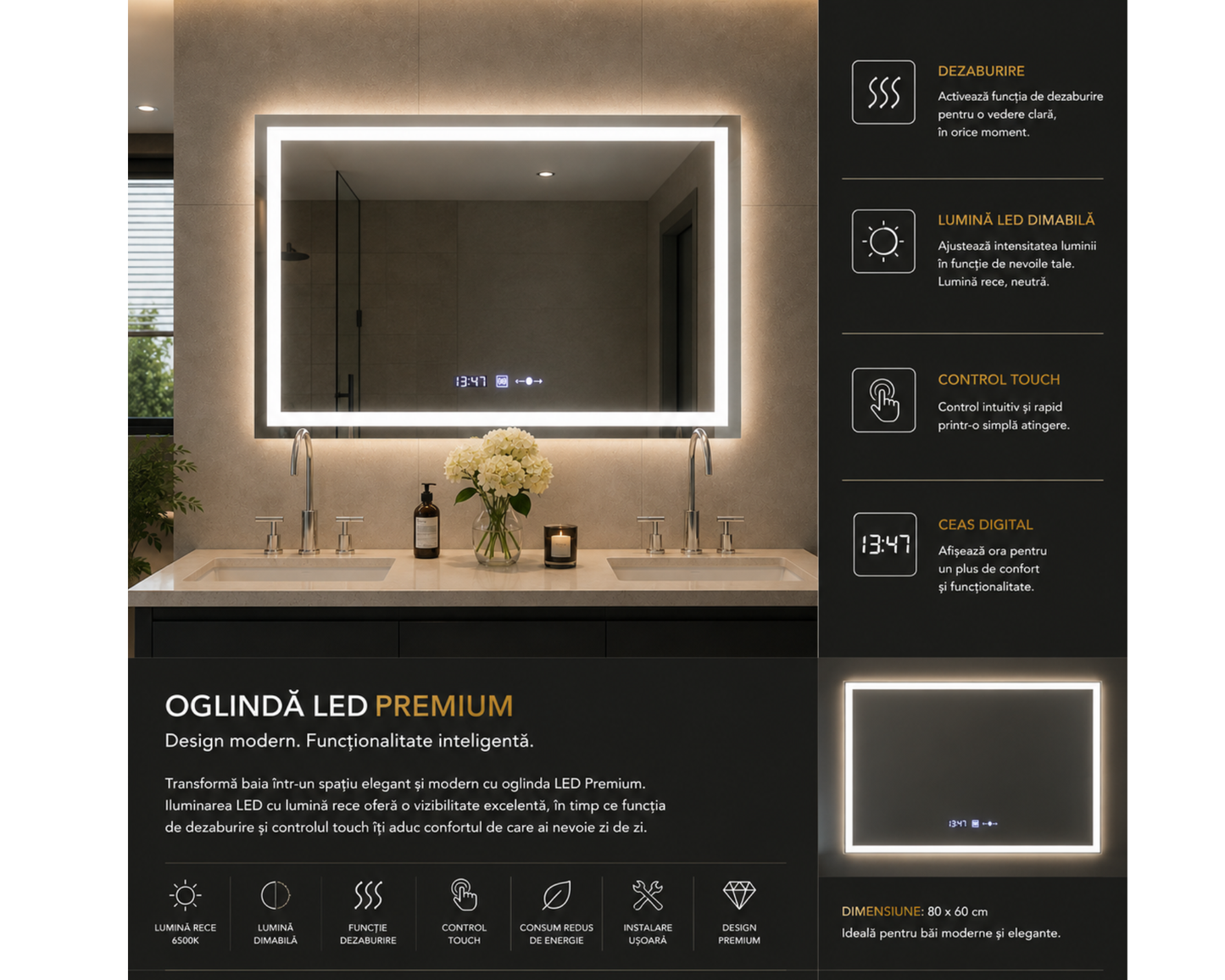 Oglinda Led Dreptunghiulara, cu Functie Dezaburire si Sistem Touch, Ceas si Termometru W09/80x60 cm
