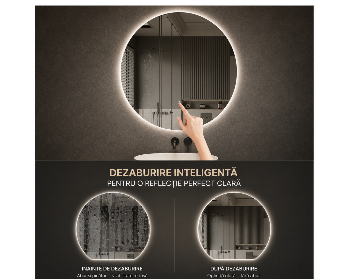 Oglindă LED Semilună 60x54 cm Soluna Touch cu Funcție Dezaburire și Iluminare LED Dimabilă