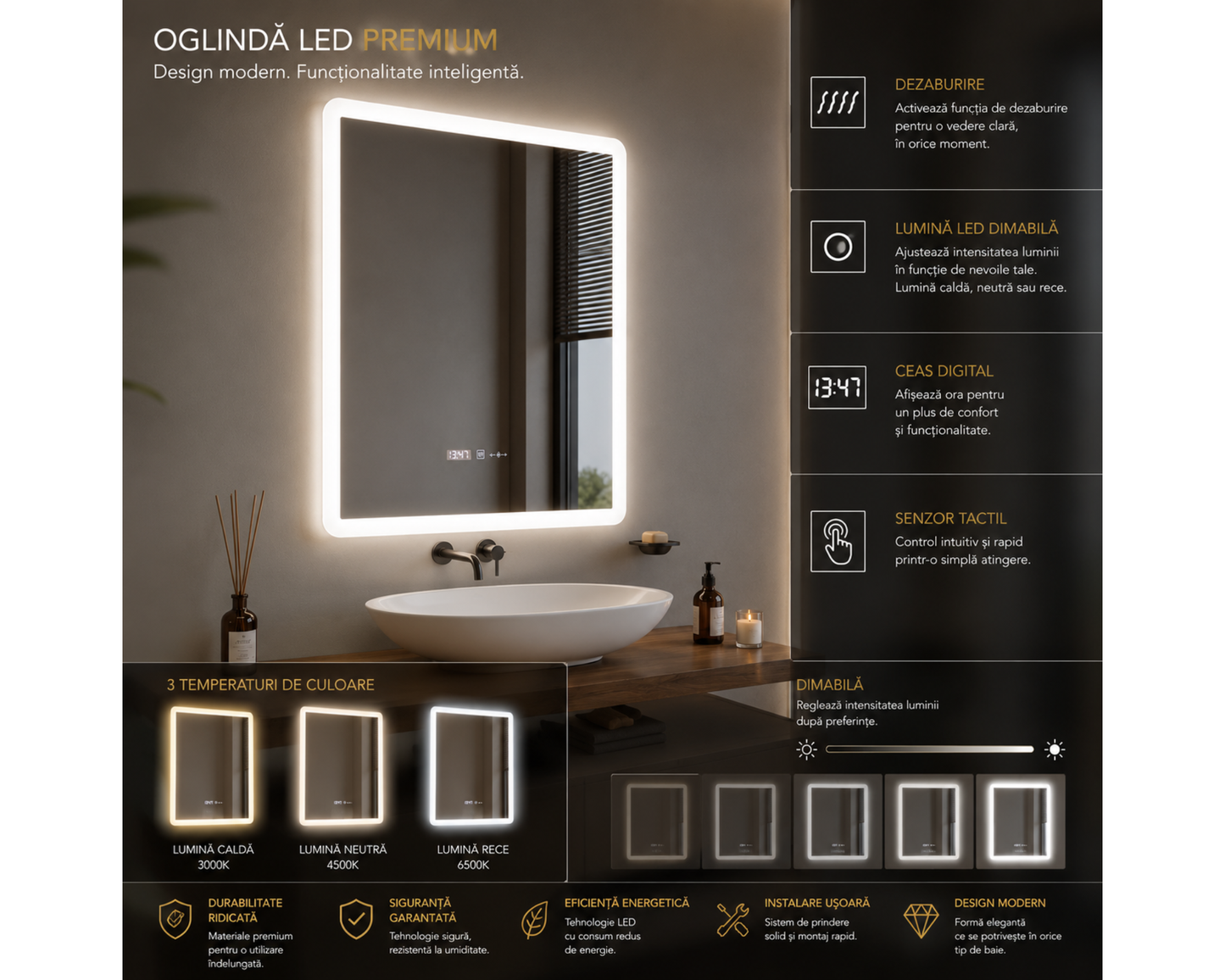 Oglindă LED Dreptunghiulară W21/60x80 cm MotionGlow cu Funcție Dezaburire, Ceas, Termometru și Iluminare LED Dimabilă