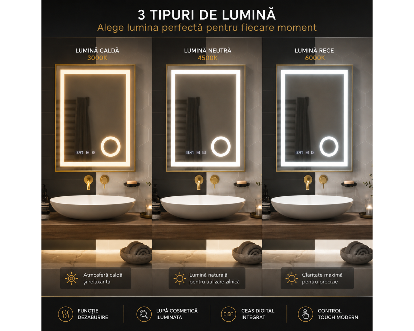 Oglindă LED Touch S81/60x80 cm cu Funcție Dezaburire, Ceas, Termometru, Lupă Cosmetică și Ramă Auriu Brushed – Colecția Korman, model Clarus
