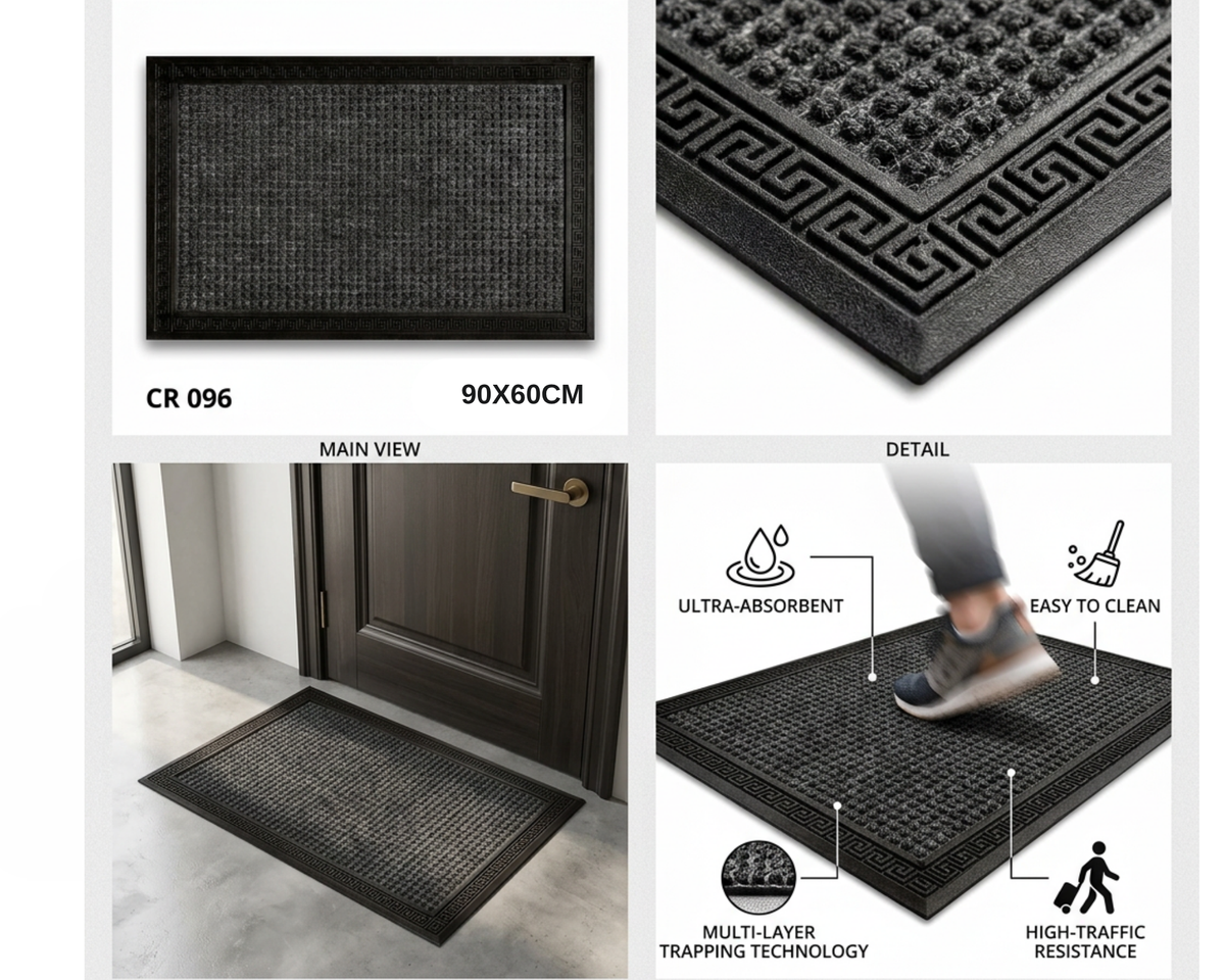 Covoras intrare gri 90x60 cm, ®OPTIMDEKO, antiderapant, rezistent, absorbtie murdarie si apa, interior/exterior, CR096 GRI