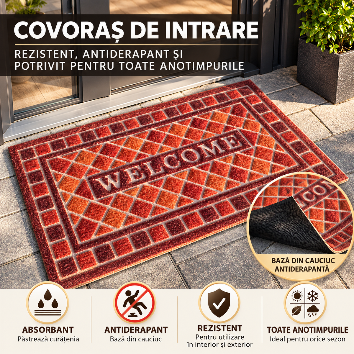 Covoras de intrare Welcome, OPTIM DEKO, polipropilena, antiderapant, 75 x 43 cm, multicolor