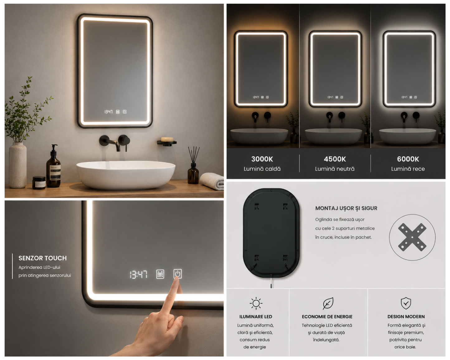 Oglindă LED Touch 60x80 cm cu Funcție Dezaburire, Ceas, Termometru și Ramă Negru Brushed – Colecția Korman