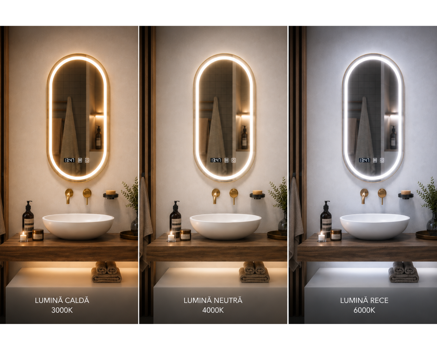 Oglindă LED Touch 50x80 cm cu Funcție Dezaburire, Ceas, Termometru și Ramă Auriu Brushed – Colecția Korman, model Konrad