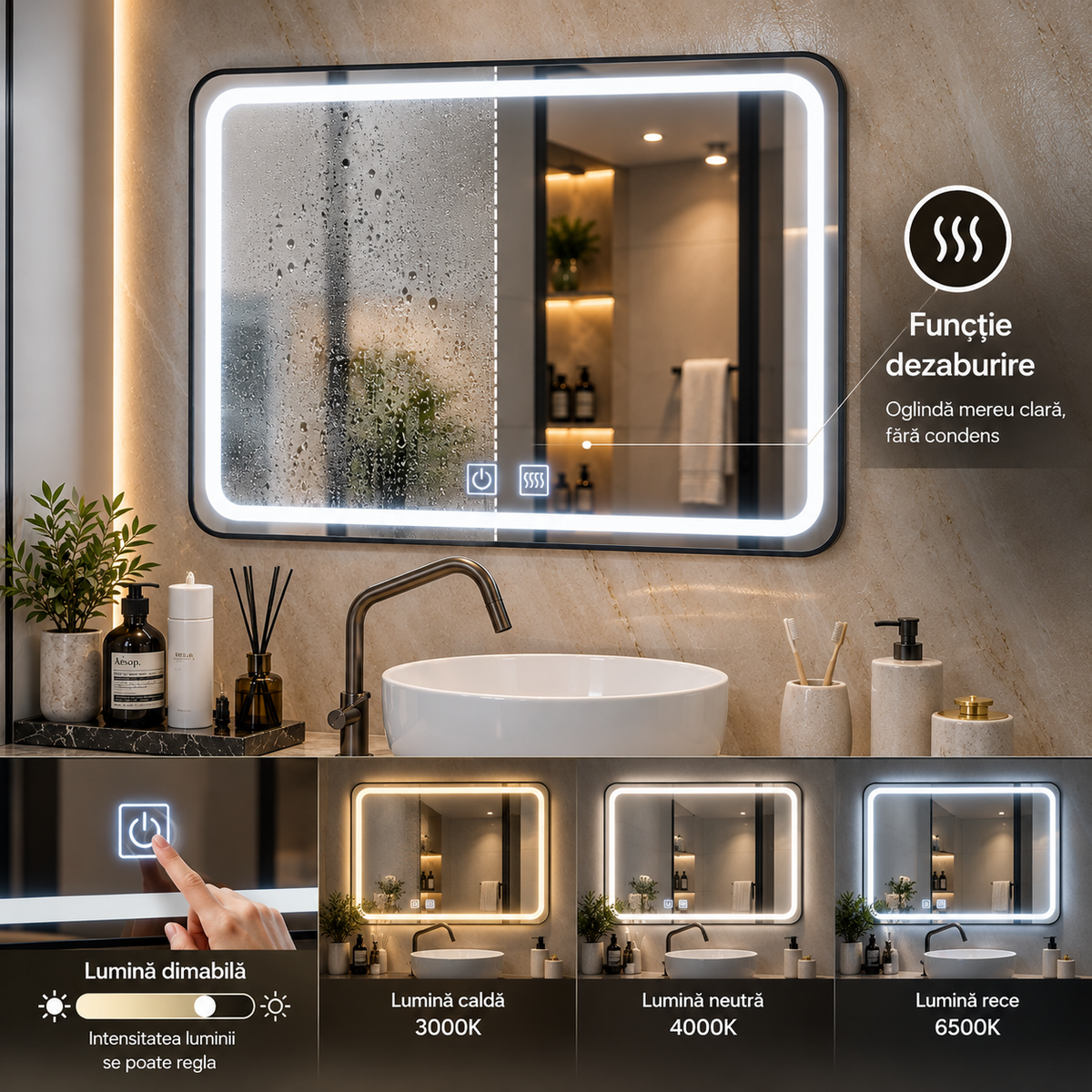 Oglinda LED Touch, Rama Neagra si Dezaburire, E03/80x60 cm, Colectia Korman Technik
