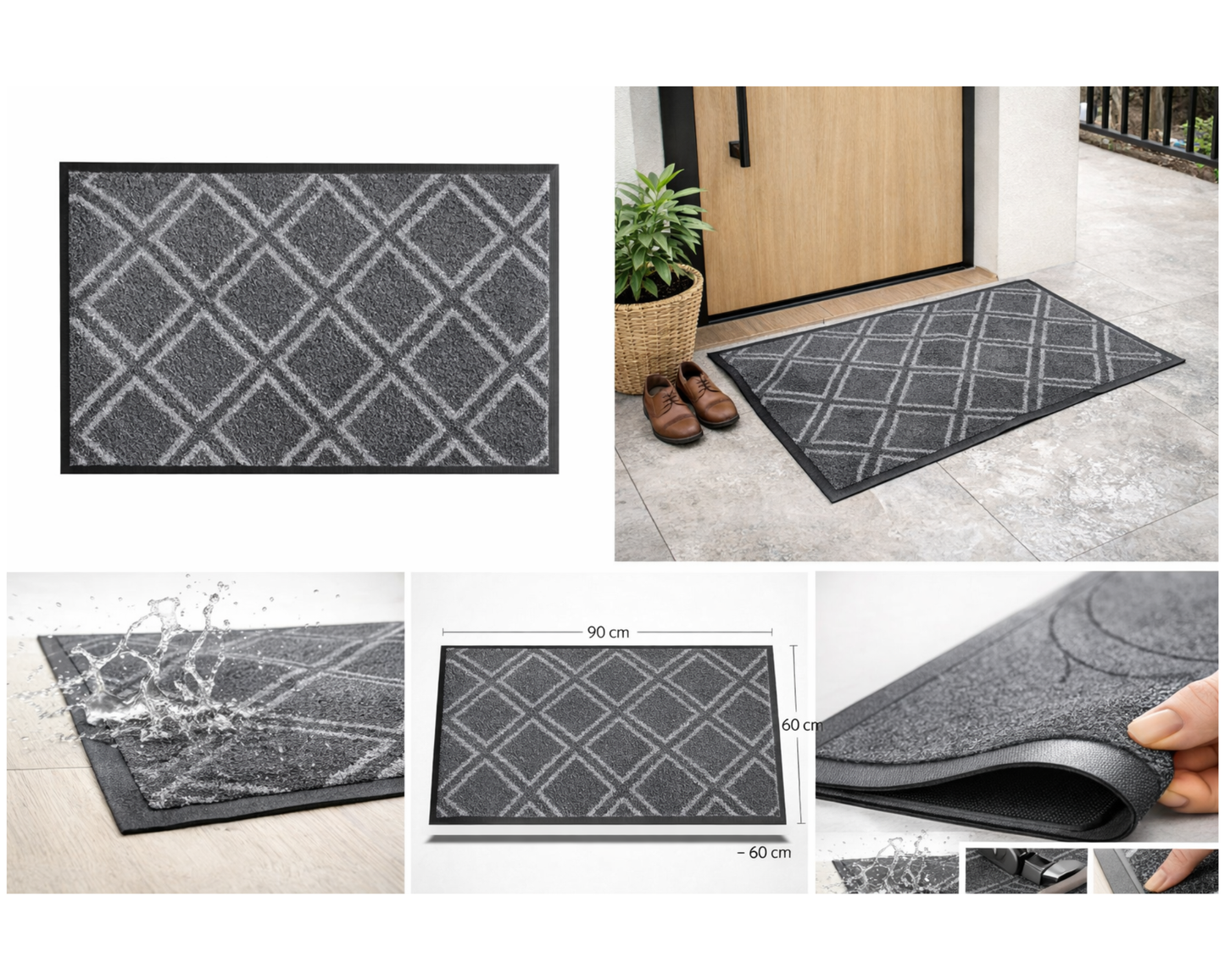 Covoras intrare gri 90x60 cm, ®OPTIMDEKO, antiderapant, rezistent, absorbtie murdarie si apa, interior/exterior, PC100
