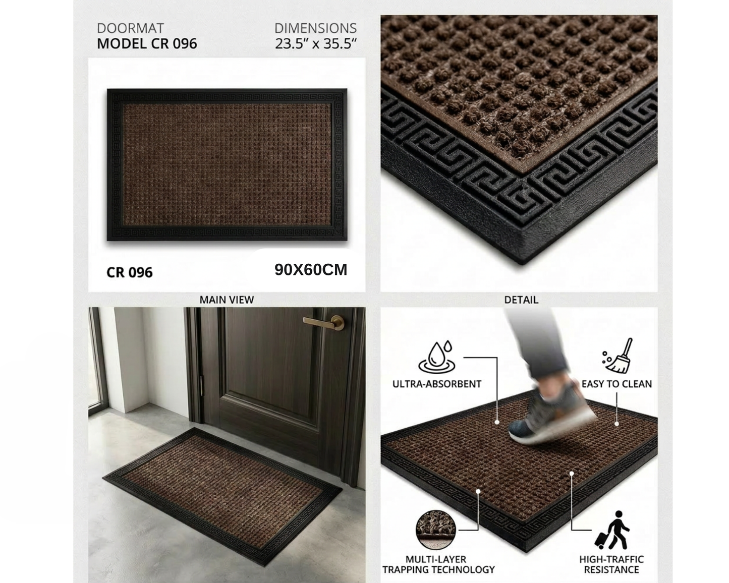 Covoras intrare gri 90x60 cm, ®OPTIMDEKO, antiderapant, rezistent, absorbtie murdarie si apa, interior/exterior, CR096 MARO