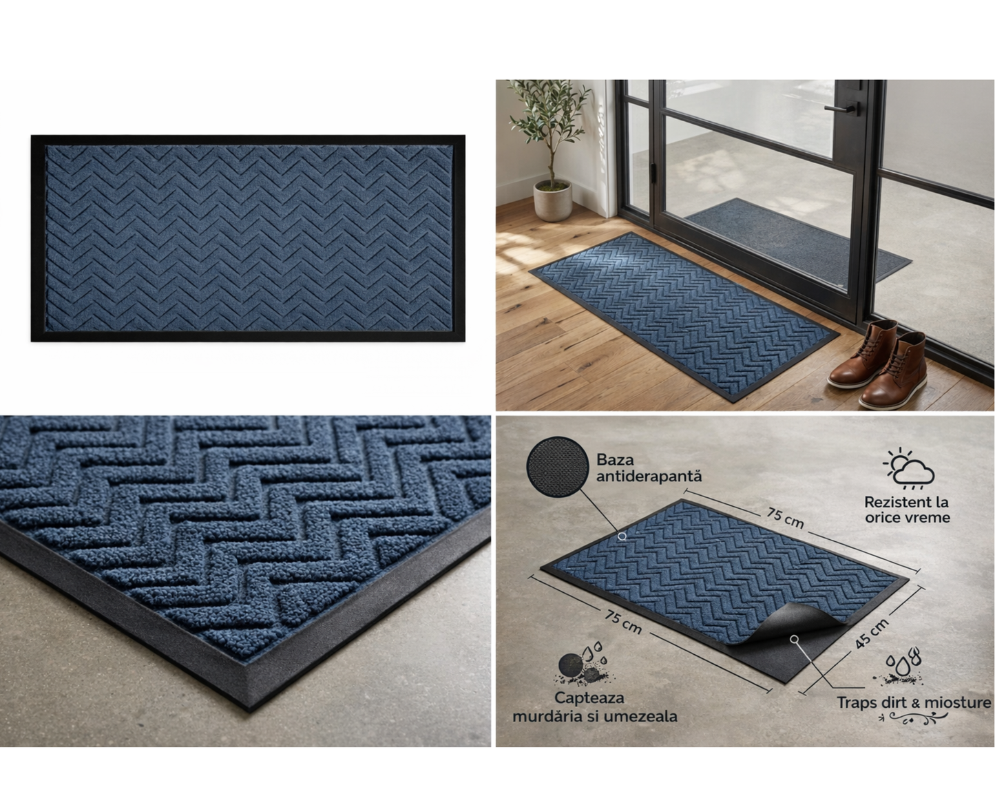 Covoras intrare gri 75x45 cm, ®OPTIMDEKO, antiderapant, rezistent, absorbtie murdarie si apa, interior/exterior, CR176 Albastru/Turcoaz