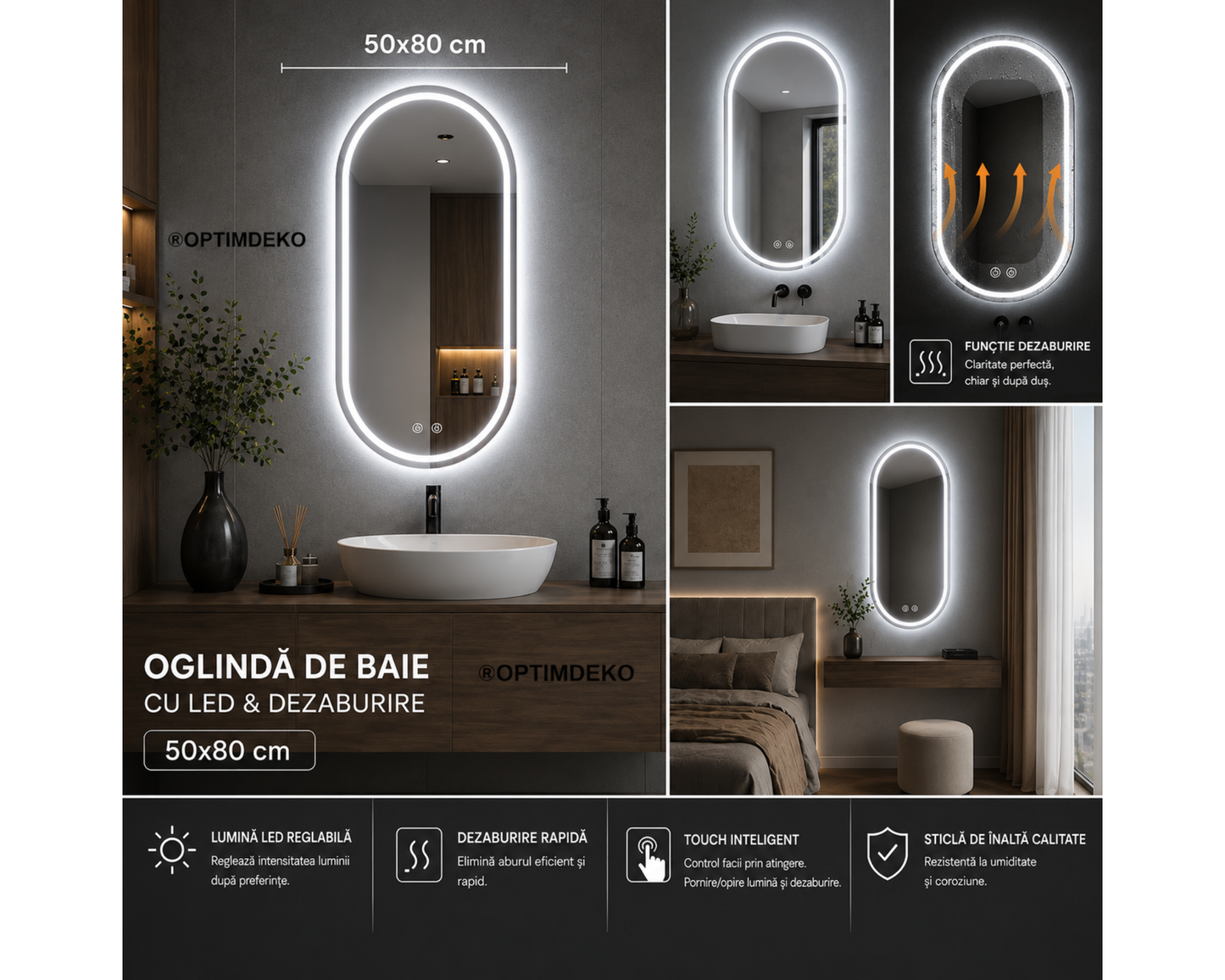 Oglinda LED din Colectia Marcello Funghi Ovala, cu Functie Dezaburire, Dimabila, Sistem Touch, model E06/50x80cm