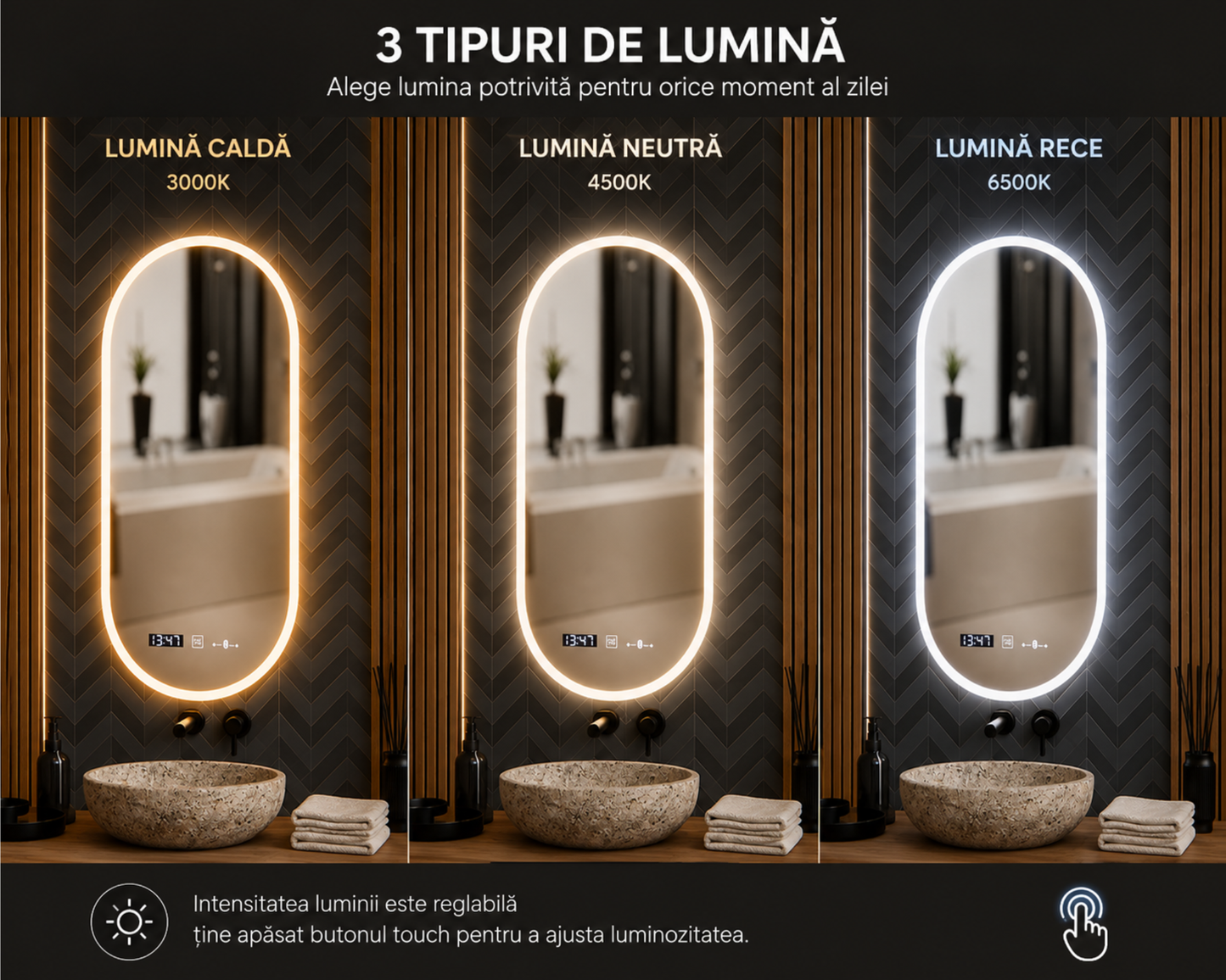 Oglinda LED Ovala Colectia Marcello Funghi cu Functie Dezaburire si Sistem Touch, model D045, 50x100cm