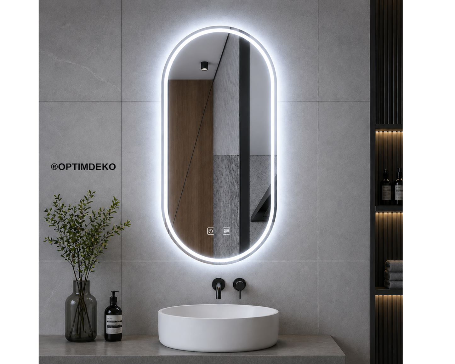 Oglinda LED din Colectia Marcello Funghi Ovala, cu Functie Dezaburire, Dimabila, Sistem Touch, model E06/50x80cm