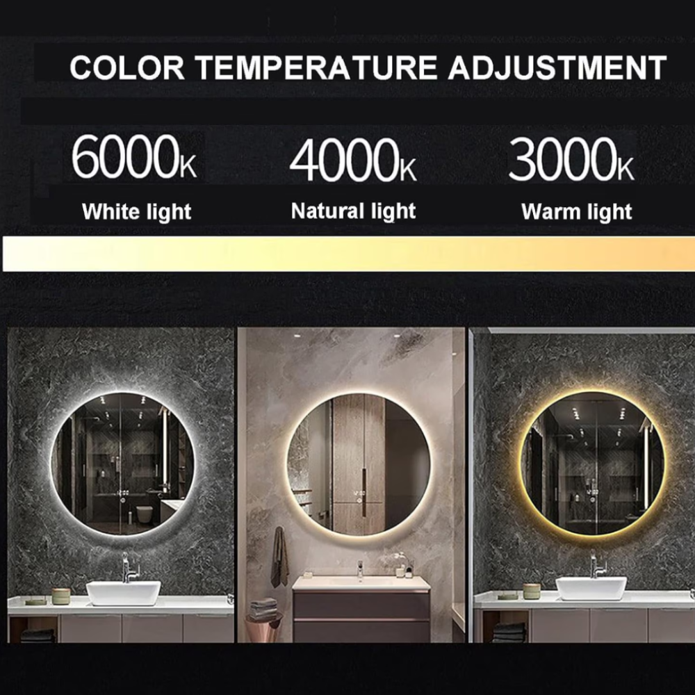 Oglindă LED Touch 60x80 cm cu Funcție Dezaburire, Ceas, Termometru și Ramă Negru Brushed – Colecția Korman