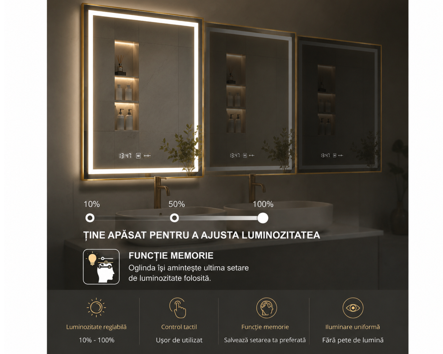 Oglinda LED Colectia Korman Technik Dreptunghiulara, cu Functie Dezaburire si Sistem Touch, Rama Aurie, model E10/60x80cm