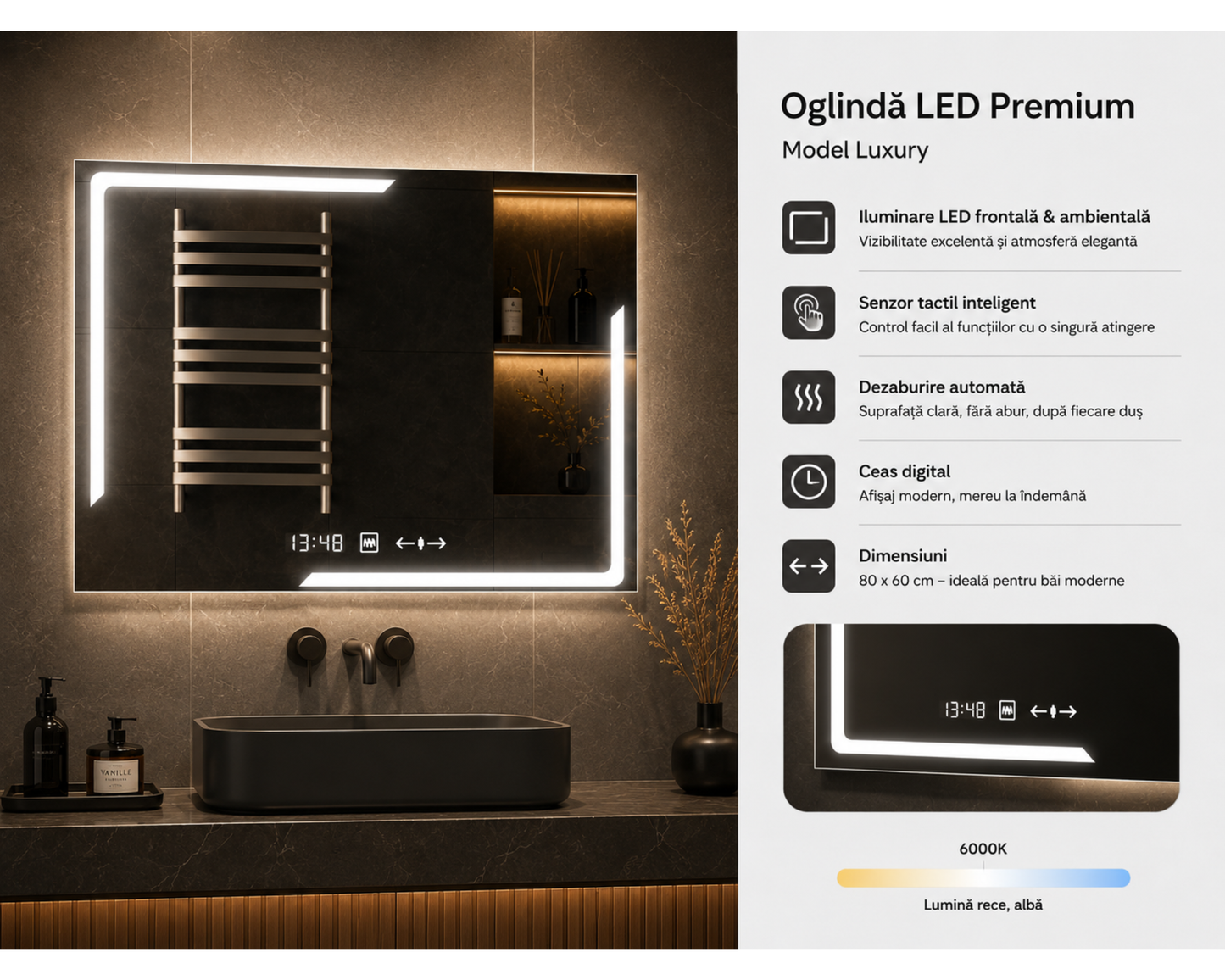 Oglinda LED Touch 80x60 cm Functie Dezaburire Colectia Marcello Funghi, model W38