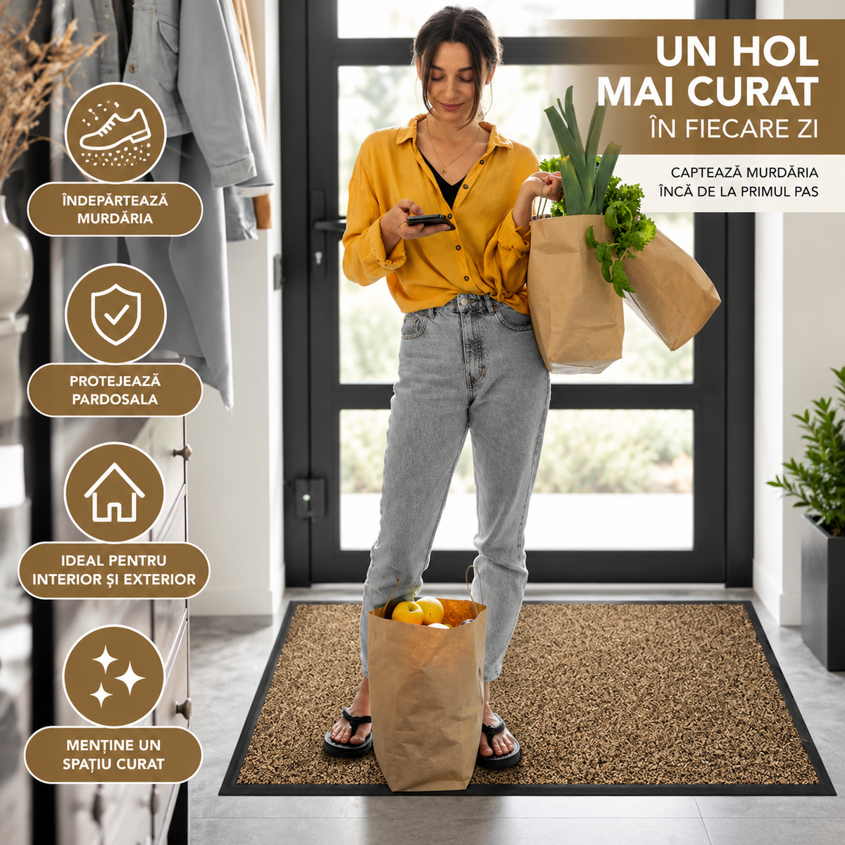Covoras de Intrare OPTIMDEKO, 60x40 cm, Antiderapant, Absorbant si Antimurdarie, Striat, Baza din Cauciuc, Rezistent, pentru Interior si Exterior, Maro