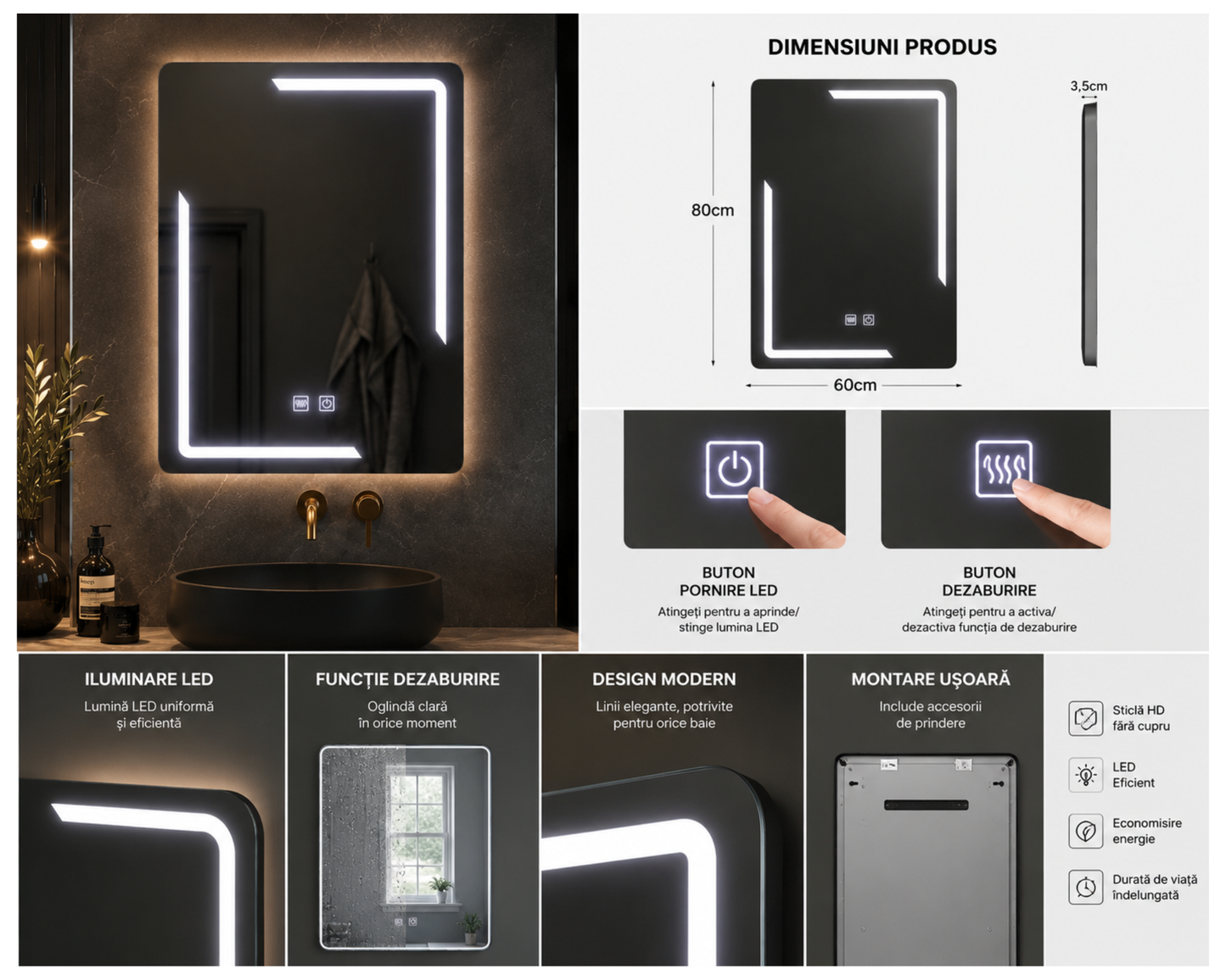 Oglinda Led Dreptunghiulara Touch, cu Functie Dezaburire E38/60x80cm