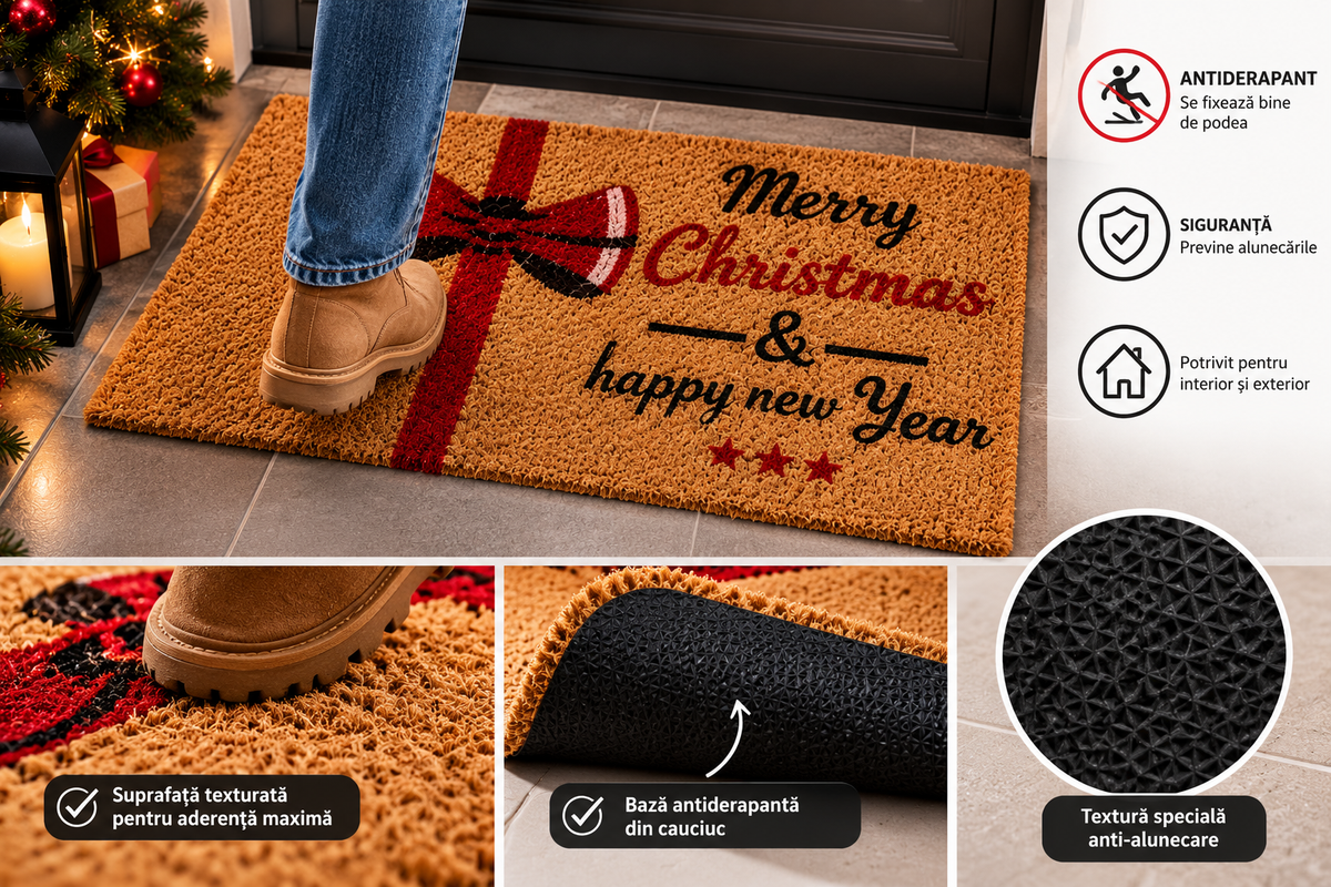 Covoras intrare Craciun, fibra cocos si cauciuc, Merry Christmas, DM114 - 60x40 cm
