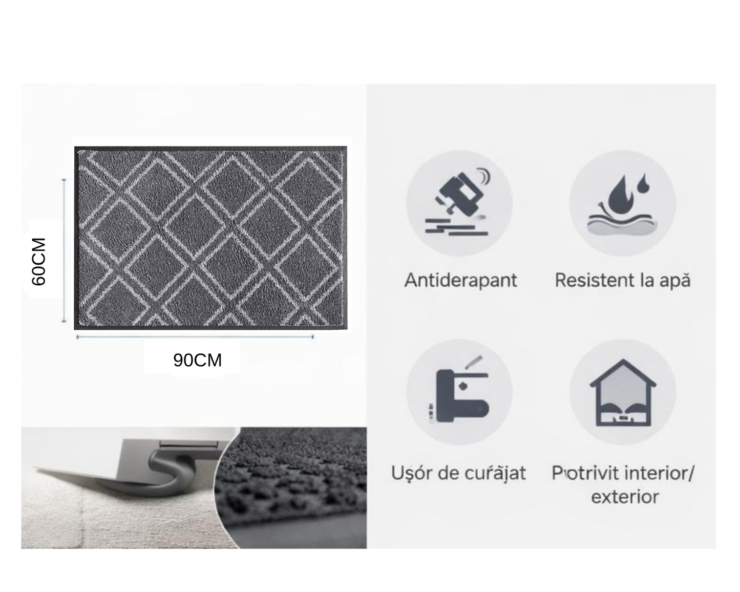 Covoras intrare gri 90x60 cm, ®OPTIMDEKO, antiderapant, rezistent, absorbtie murdarie si apa, interior/exterior, PC100